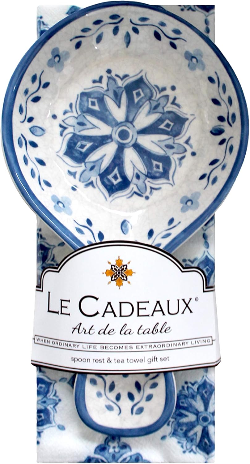 Le Cadeaux Moroccan Blue Melamine Spoon Rest and Tea Towel Set