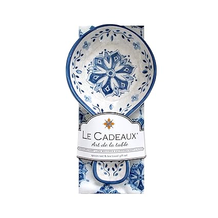 Le Cadeaux Moroccan Blue Melamine Spoon Rest and Tea Towel Set, large, white