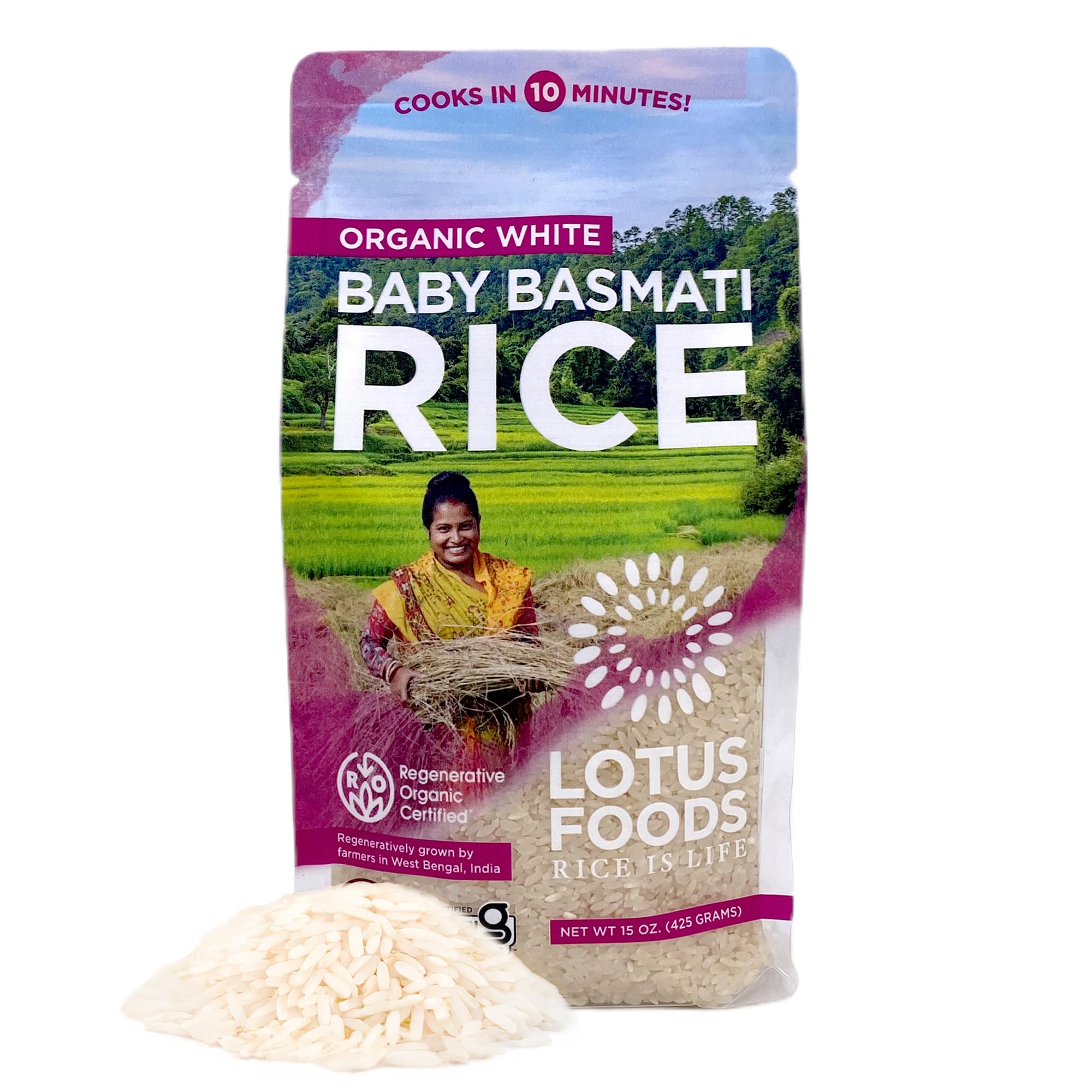 Organic Baby Basmati Rice - Gluten Free Heirloom White Rice in Bag, Quick 10 min Cook, GF, USDA Organic - 15 Oz Bag