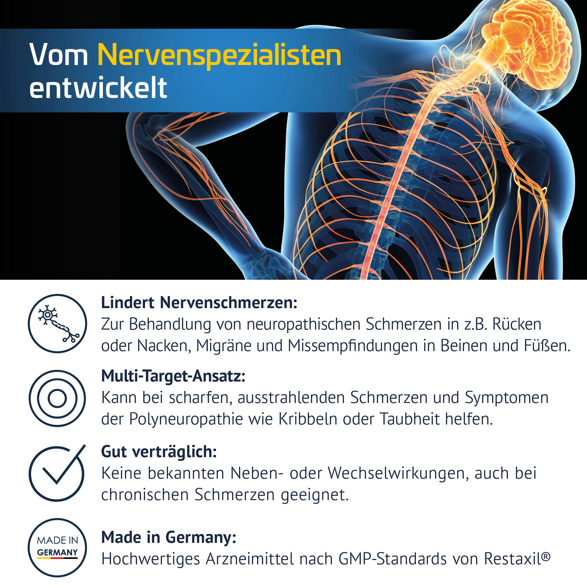 Restaxil® Tabletten [60 Stück] – Natürliches Arzneimittel bei Nervenschmerzen wie Neuralgien, Migräne & Ischias – lindert stechende, ausstrahlende Schmerzen – gut verträglich & rezeptfrei