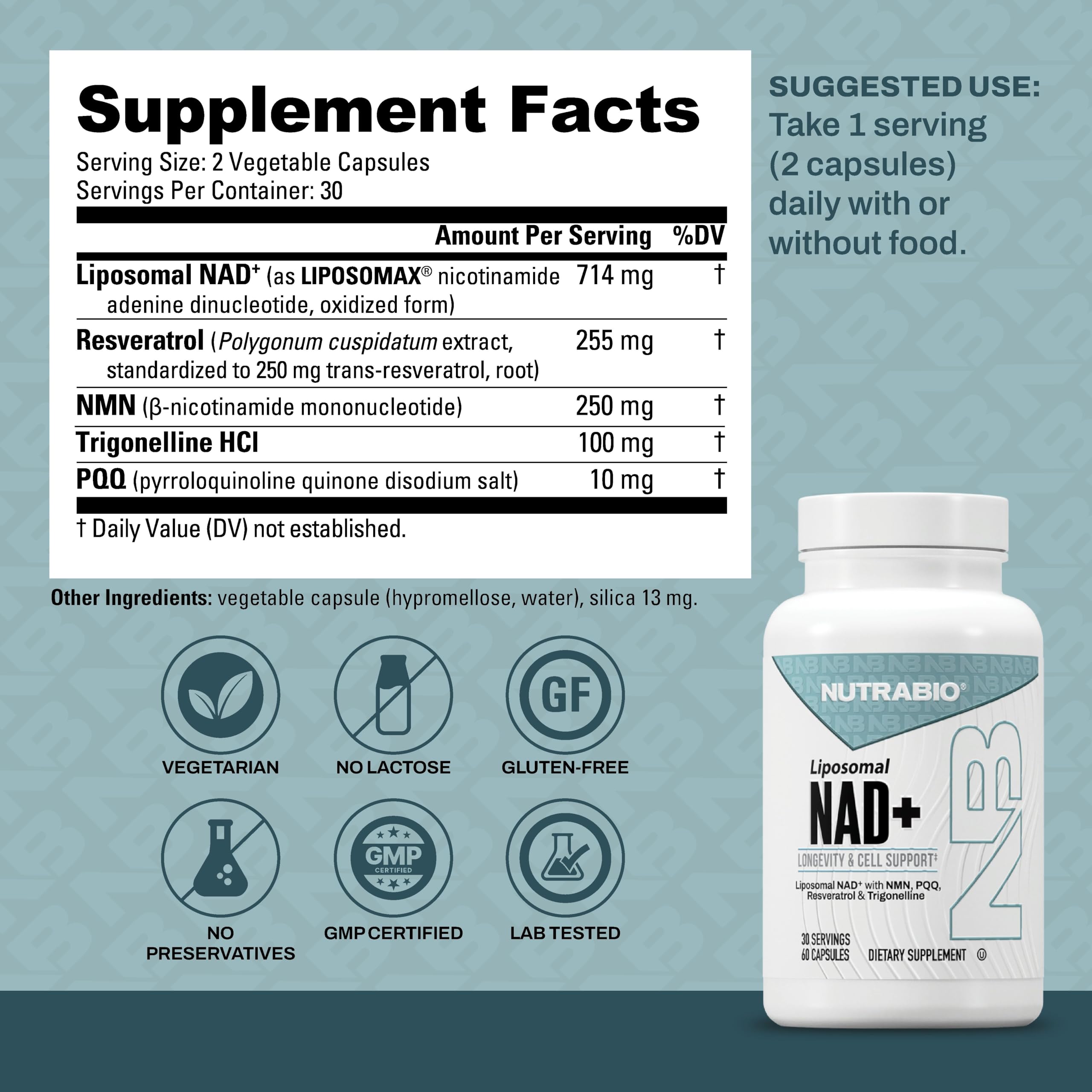 NutraBio Liposomal NAD+ Supplement with Resveratrol, NMN & PQQ for Longevity and Cell Support for Men and Women, Long-Term Vitality, 60 Capsules — Amazon image 2