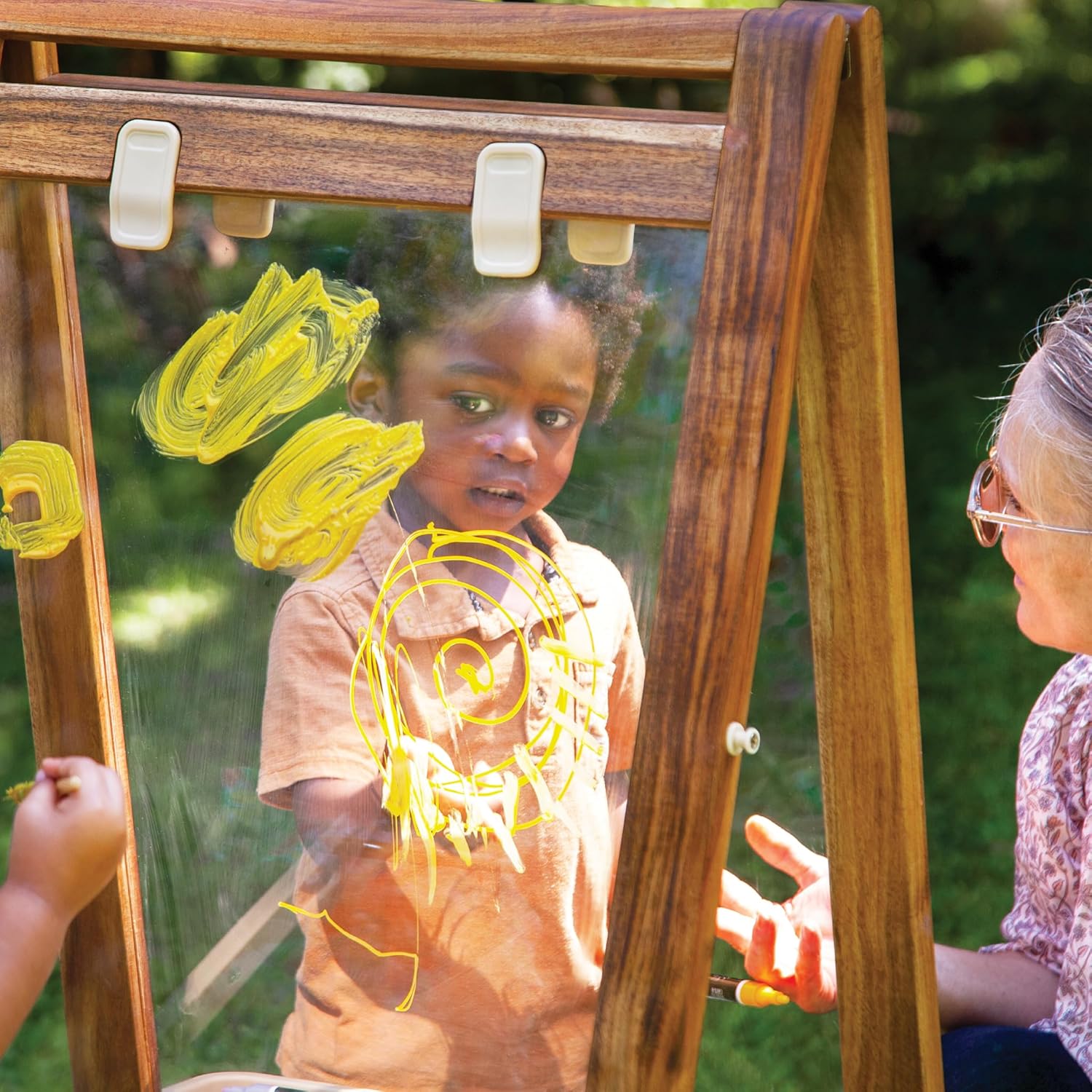 Guidecraft Acadia Indoor/Outdoor Art Easel for Kids: Acacia Wood Double-Sided Foldable See-Thru Easel | Easy to Clean Art Station w/ 5 Paint Cups, Paper Clips, Clear Dry-Erase Board, Marker Tray