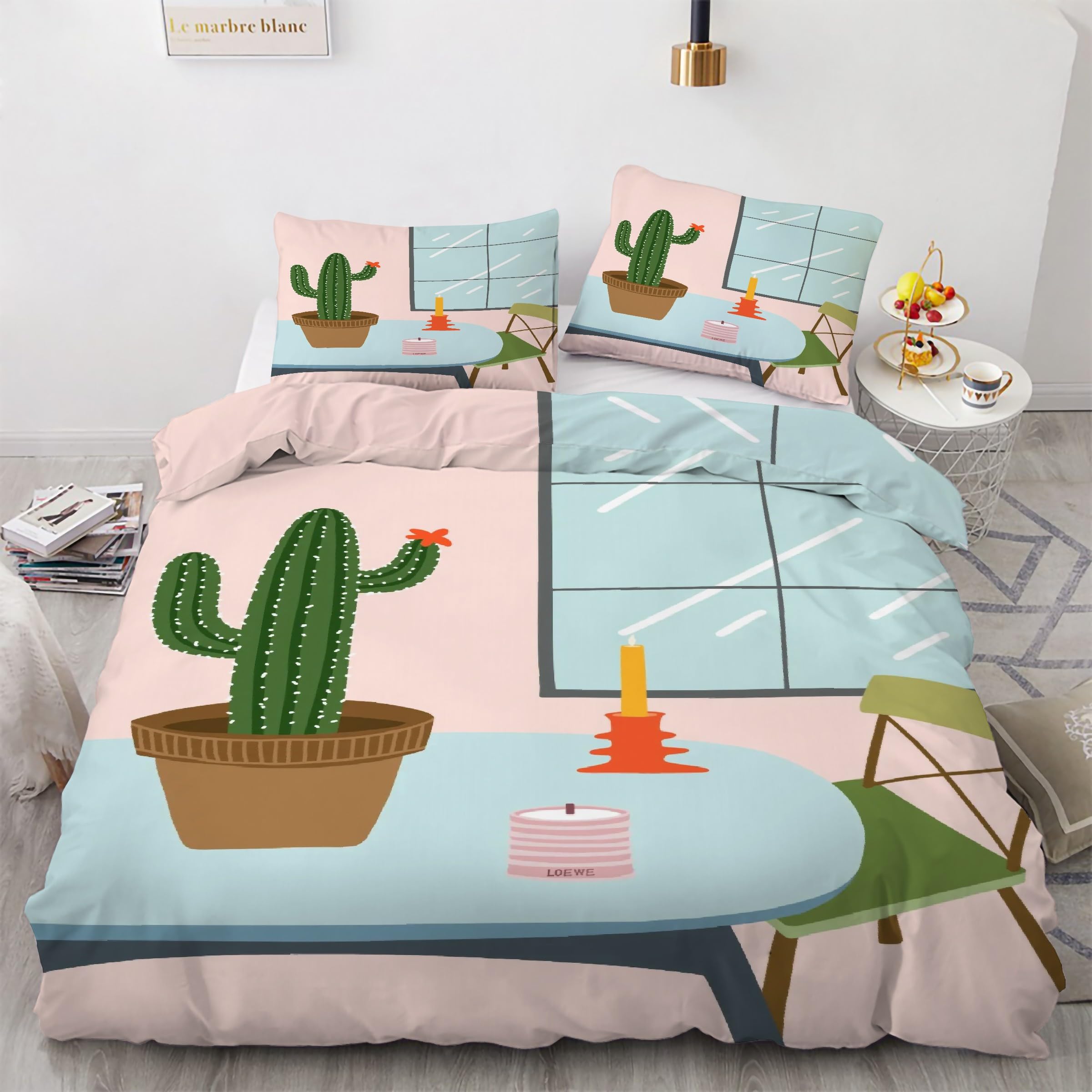 Housse de couette 200x200 cactus parure de lit 3 pièces microfibre avec fermeture éclair KG5512