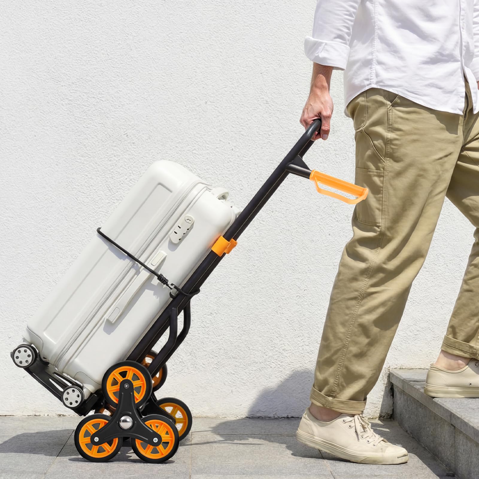 VEVOR Carrello Portapacchi per Scale Capacità di Salita Scale 150 kg, Carrello Pieghevole per Carichi Pesanti con Maniglia Telescopica, 6 Ruote e 2 Corde Elastiche, per Generi Alimentari, Magazzino