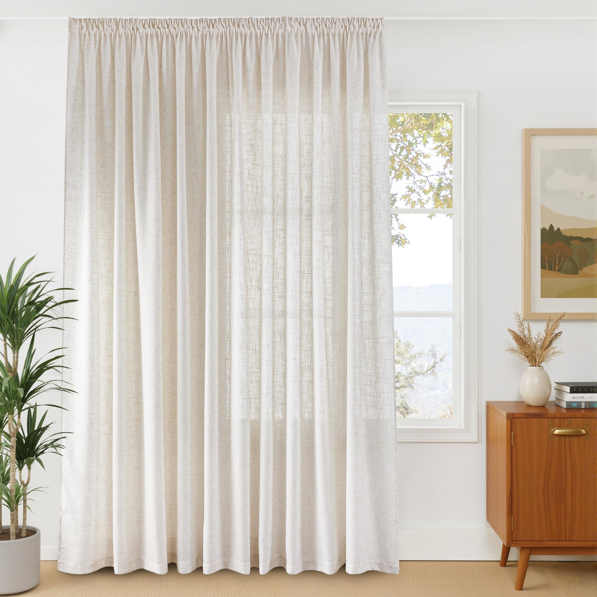 PONY DANCE Tenda Soggiorno Lino 220g/m² Semitrasparenti Filtro Luce 1 Pezzo L 300 x A 260 CM Tende Camera da Letto con Fettuccia per Interni Linen Curtain per Salotto Eleganti, Bianco Lino Naturale