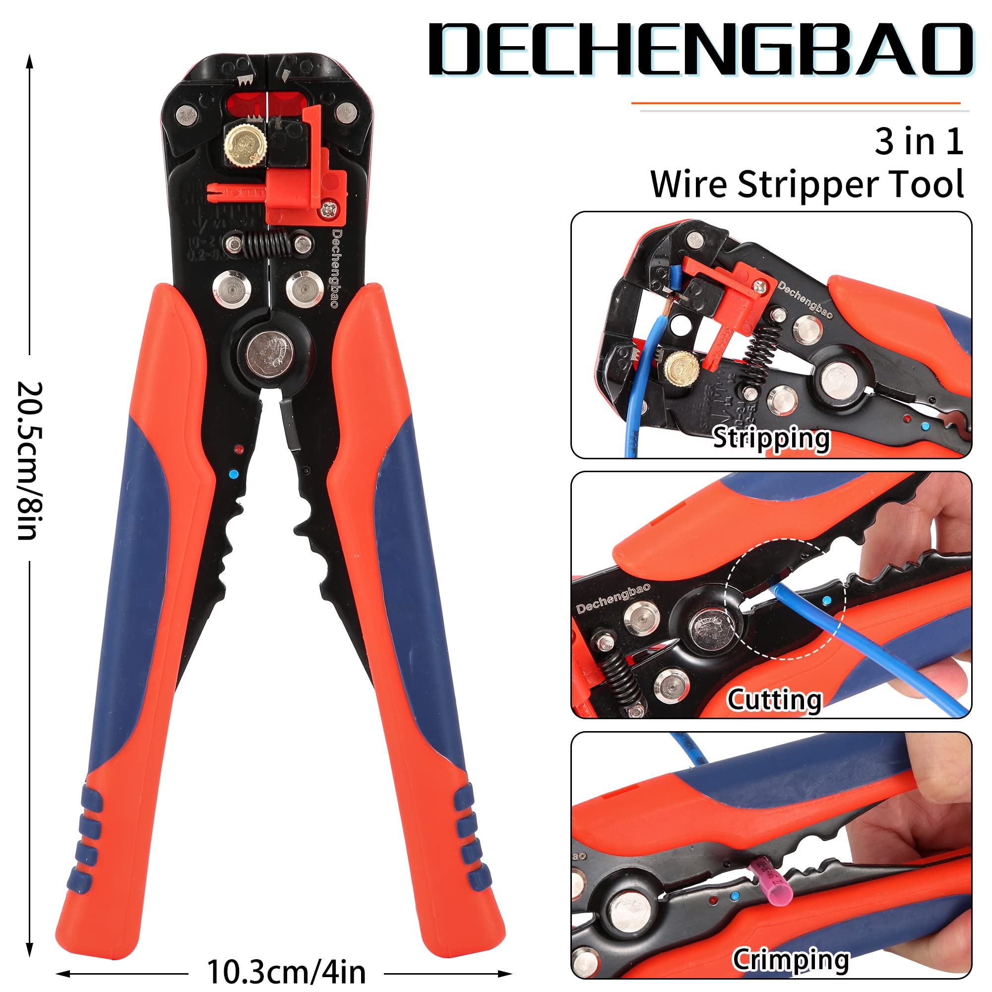 • Dechengbao zestaw narzędzi zaciskowych do złączek termokurczliwych z AWG 22-10 (0,5-6 mm²) w kolorze granatowym i zrywaczem do drutu (zestaw 200 szt.)