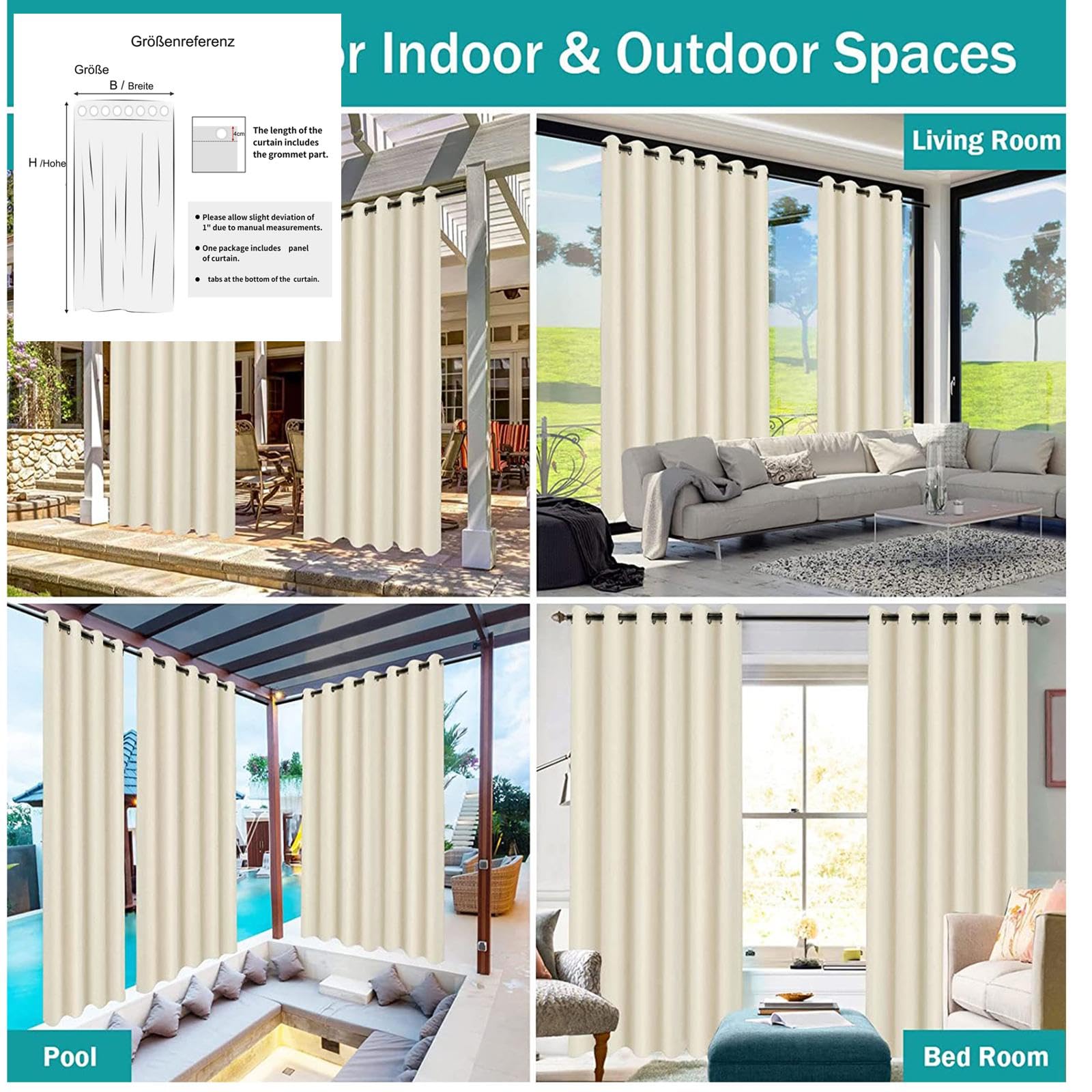 Bianco Tende da Esterno Impermeabile Tende per Esterno con Anelli Oscurante Tenda Idrorepellente per Esterni per per Gazebo Balconi Giardino Cortile Terrazzo Veranda,142L × 120A cm (1 Pannelli)