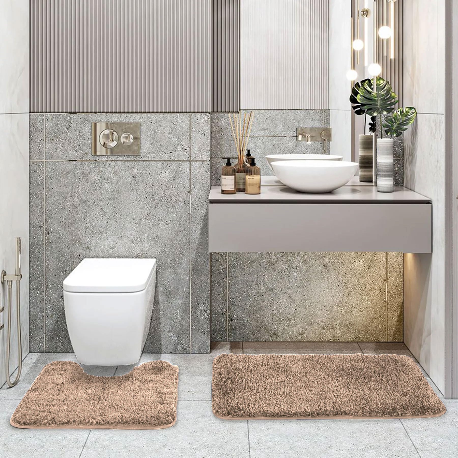 LUXE HOME INTERNATIONAL Polyester Contour Bath Mat – Washable, Anti Skid, Water Absorbent Contour Mats for Bathroom, Toilet, Wash Basin & Bathroom Contour Mat Set (Rust, 45x 75 cm & 40x45)