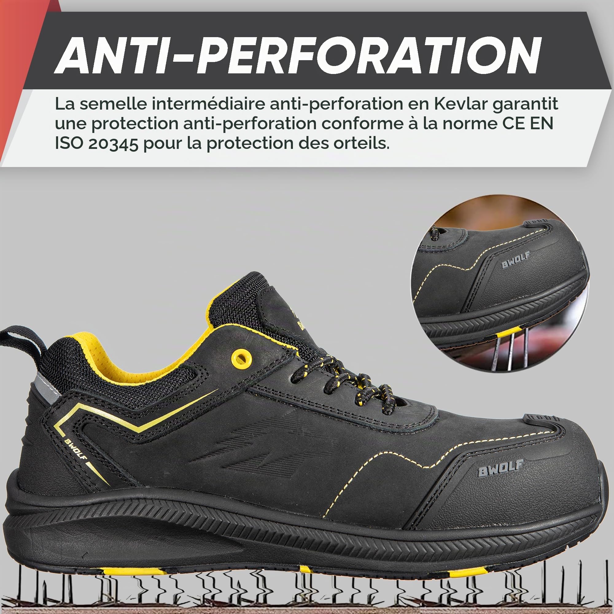 BWOLF Phoenix S3S Chaussures de Travail pour Homme S3 S3 Nabuk Imperméables Antidérapantes 4 x 4 Grip Tech Semelles Ergo