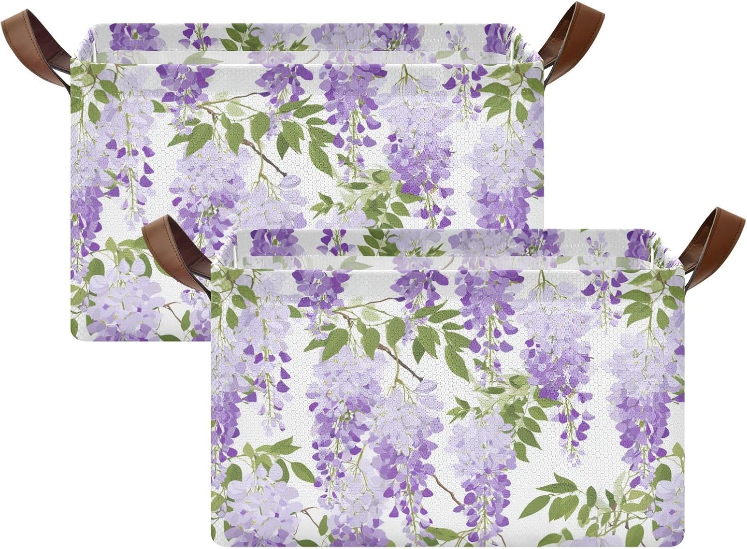Light Purple Wisteria Flower Storage Basket Foldable Cube Storage Bins with Handles&Labels Waterproof Collapsible Organizer Box Bin Large Rectangle Baskets for Shelves Home Living Room Closet, 2 Pack