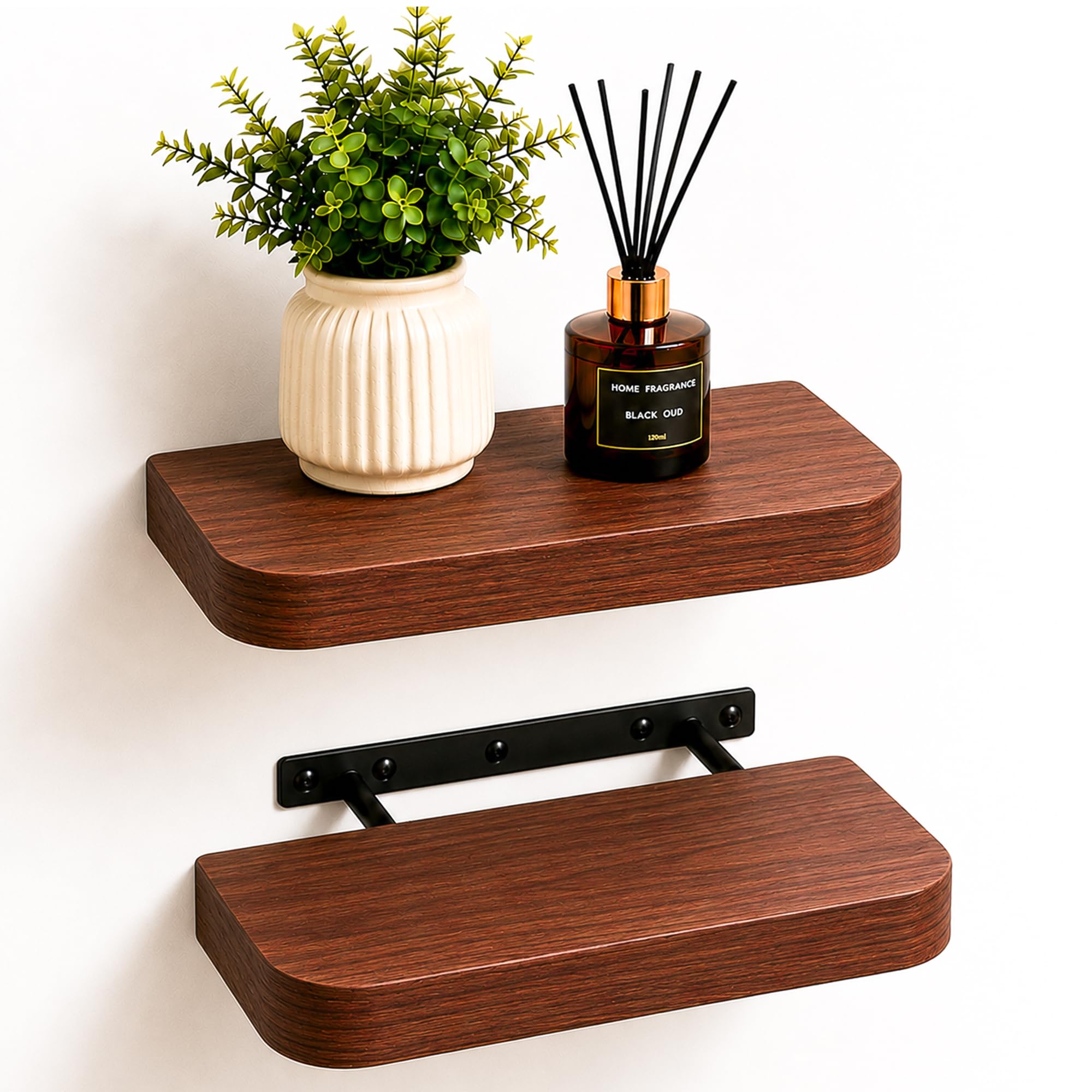 Innoteck Floating Shelves Wall Mounted Set of 2, 40cm Wooden Floating Shelves with Hidden Brackets, Rounded Edge Wall Shelves for Living Room, Bedroom, Bathroom, Kitchen Shelves (Walnut)