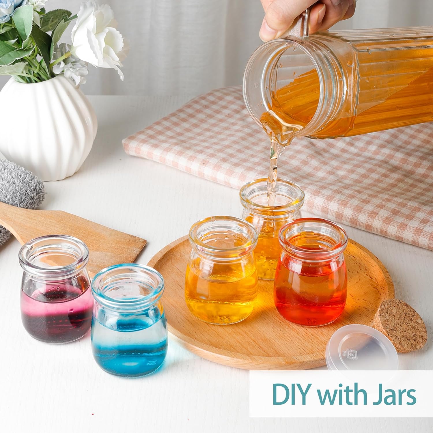 30 Pack Glass Favor Mini Jars, 3.4 oz Small Jars with Cork Lids, Pudding Containers with Lids, Apothecary, Candle Making with Fun, Gift for Candy, Wedding Favors Honey Pot, with Label Tags and String