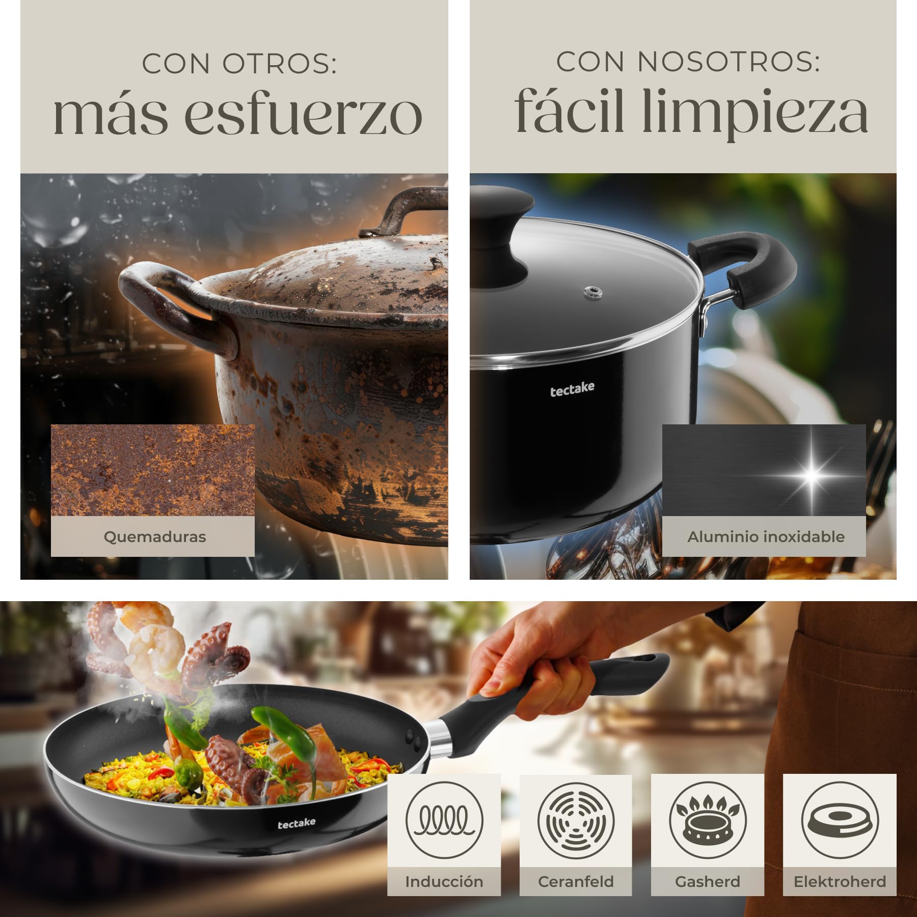 tectake® Juego de Vajilla Completa, Vajillas Completas Modernas, Platos Vajilla, Cuencos Cocina, Tazones Desayuno, Tazas Cafe, Ollas Aluminio Inoxidable - 45 Piezas Negro/Gris Topo