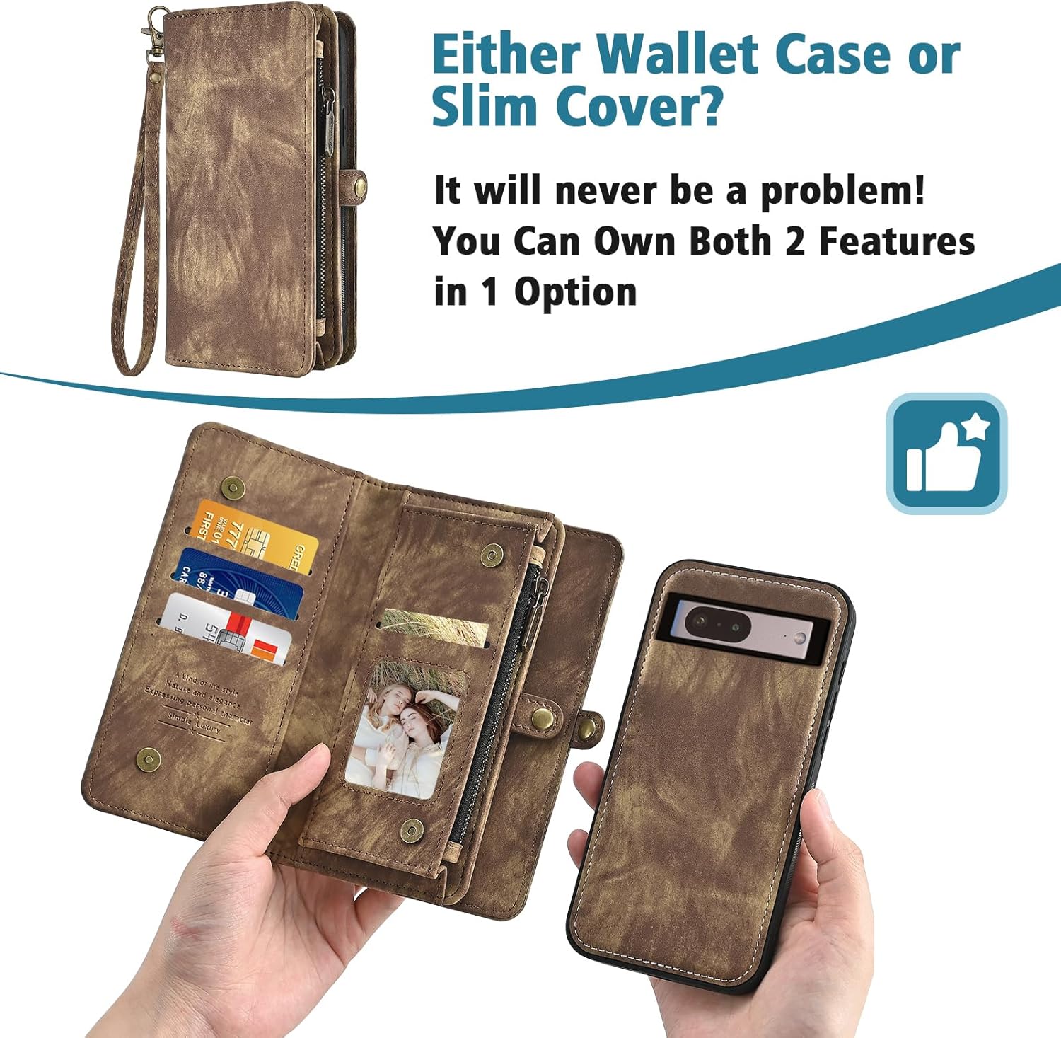 Asuwish Phone Case for Google Pixel 7 5G Zipper Wallet Magnetic Detachable Cell Cover with Tempered Glass Screen Protector Crossbody Lanyard Strap Flip Card Holder Pixel7 Pixle Seven 6.3 Women Brown