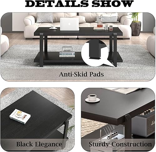 Miniatura 5 de FOLUBAN Mesa de centro negra, moderna mesa central de madera rústica con almacenamiento para sala de estar, mesa de té de cóctel rectangular