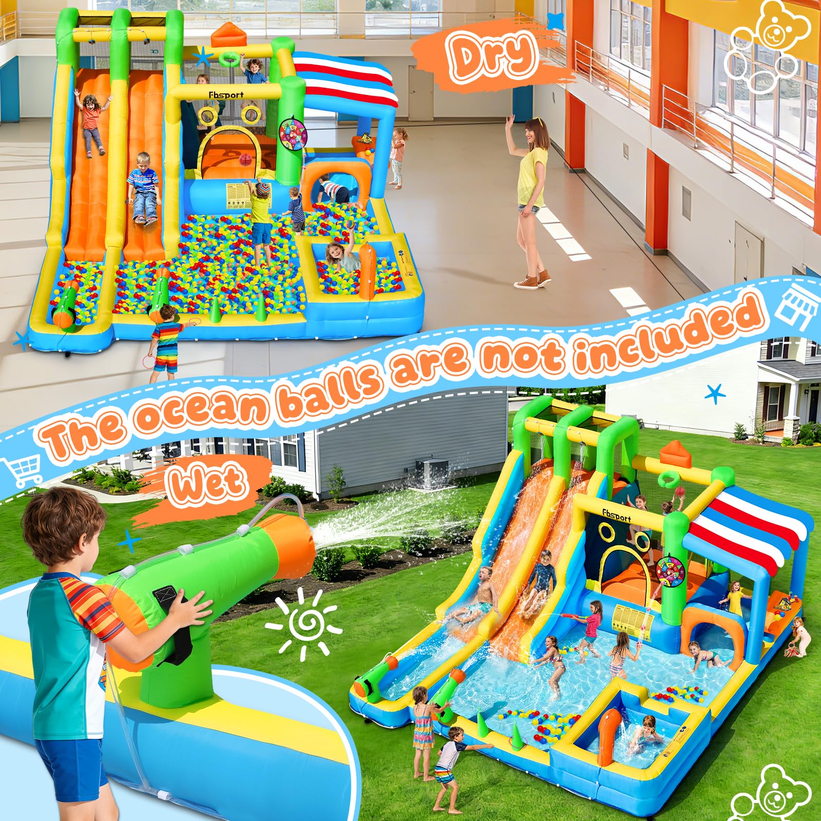 Hüpfburg mit 2 Wasserrutsche und Gebläse, Größe Wasserhüpfburg für Kinder mit Trampolin Wasserbecken Korb Kletterwand, XXL Hüpfburgen Bouncy Castle für Indoor Outdoor, 445x403x200 cm