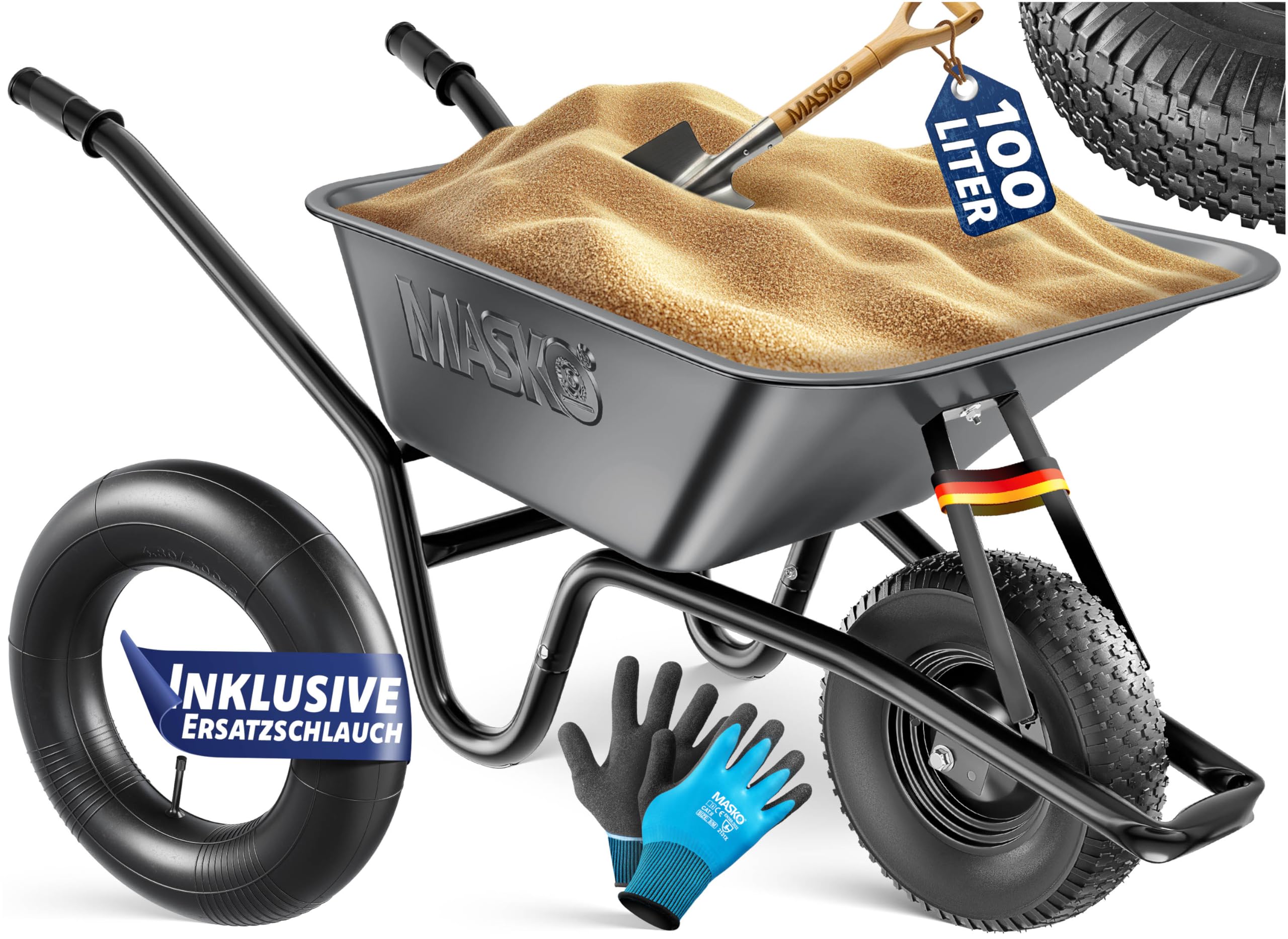 MASKO® Schubkarre Bauschubkarre Gartenschubkarre 100 Liter 250kg Luftreifen mit Stahlfelge + Ersatzschlauch Schubkarrenschlauch, verzinkt Stahlrahmen Garten Karre Schiebkarre Transportkarre Handschuhe