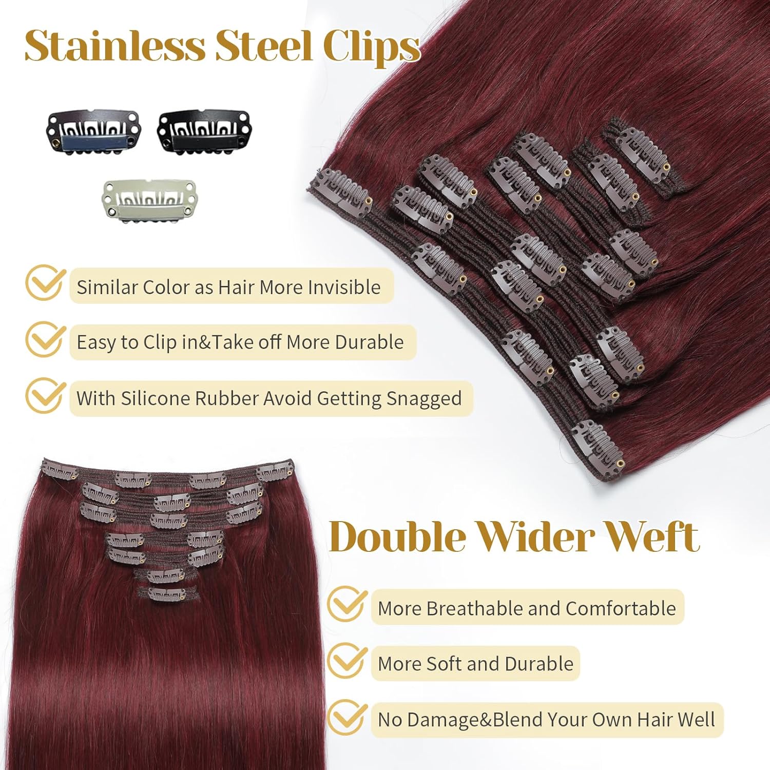 Clip in Hair Extensions Real Human Hair, Burgundy Red – 18 Inch 7pcs 150g/Pack, Soft Hair Extensions Real Human Hair Clip ins Straight for Women, Capable for all Occasion (#99J 18 Inch)