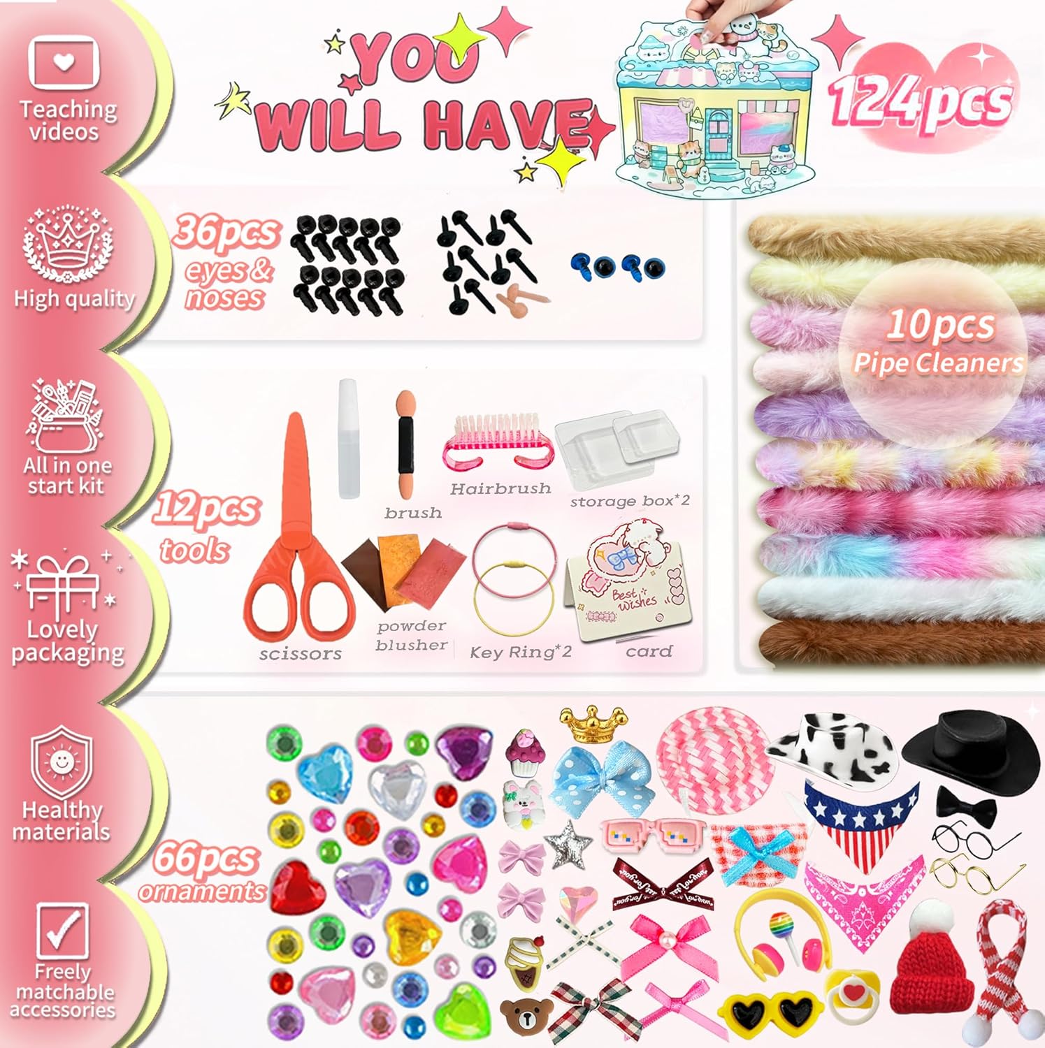 124 Pcs Fuzzy Pipe Cleaner Craft Supplies Kit, 39inch Large Pastel Thick Fluffy Jumbo Fur Chenille Stems with Decorative Accessories. Creative DIY Animals Dog Puppy. Good for Gift.