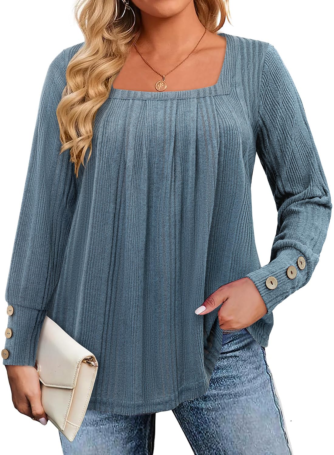 Siddhe Plus Size Sweater Women Puff Long Sleeve Square Neck Tops for Women Casual Loose Knit Tunic Fall