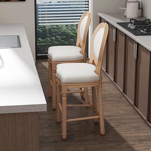 Miniatura 9 de KCC Taburetes de bar de altura de bar, taburetes de bar de madera de campo francés con asientos tapizados, sillas de bar de 29 pulgadas con marco de