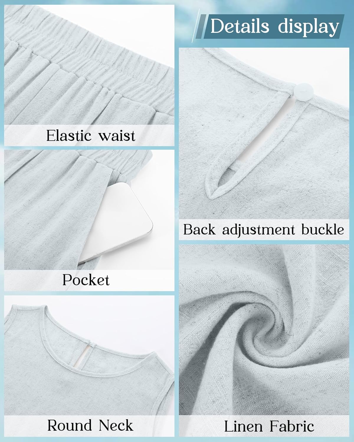 Ficerd Women 2 Piece Summer Outfits Linen beach Set Round Neck Sleeveless Crop Tank Tops Elastic High Waist Cropped Pants - Image 4