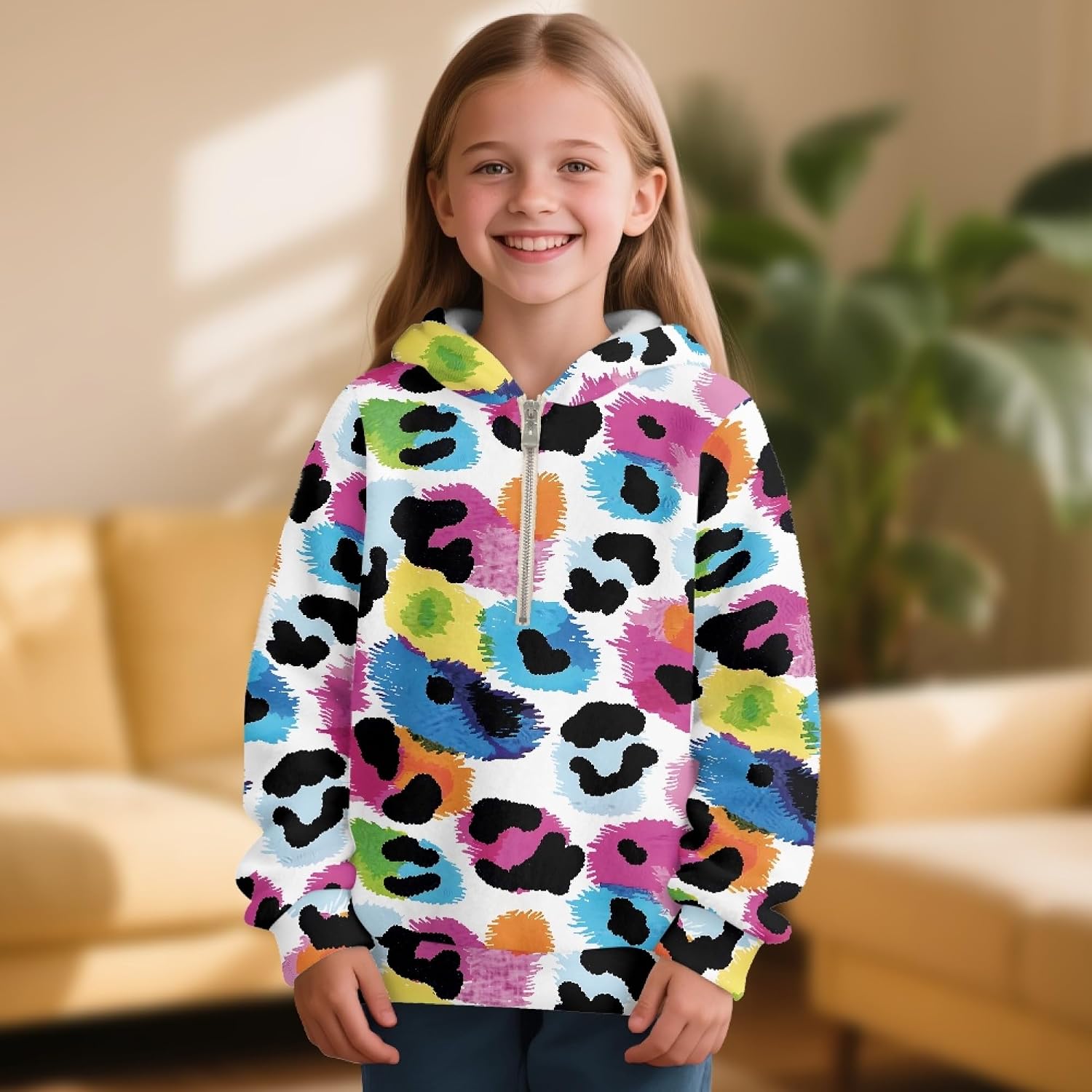Hawapod Hoodies For Girls Pattern Plus Size Comfort Long Sleeves Half Zip Pullover Sweatshirt With Pockets Size 4-15