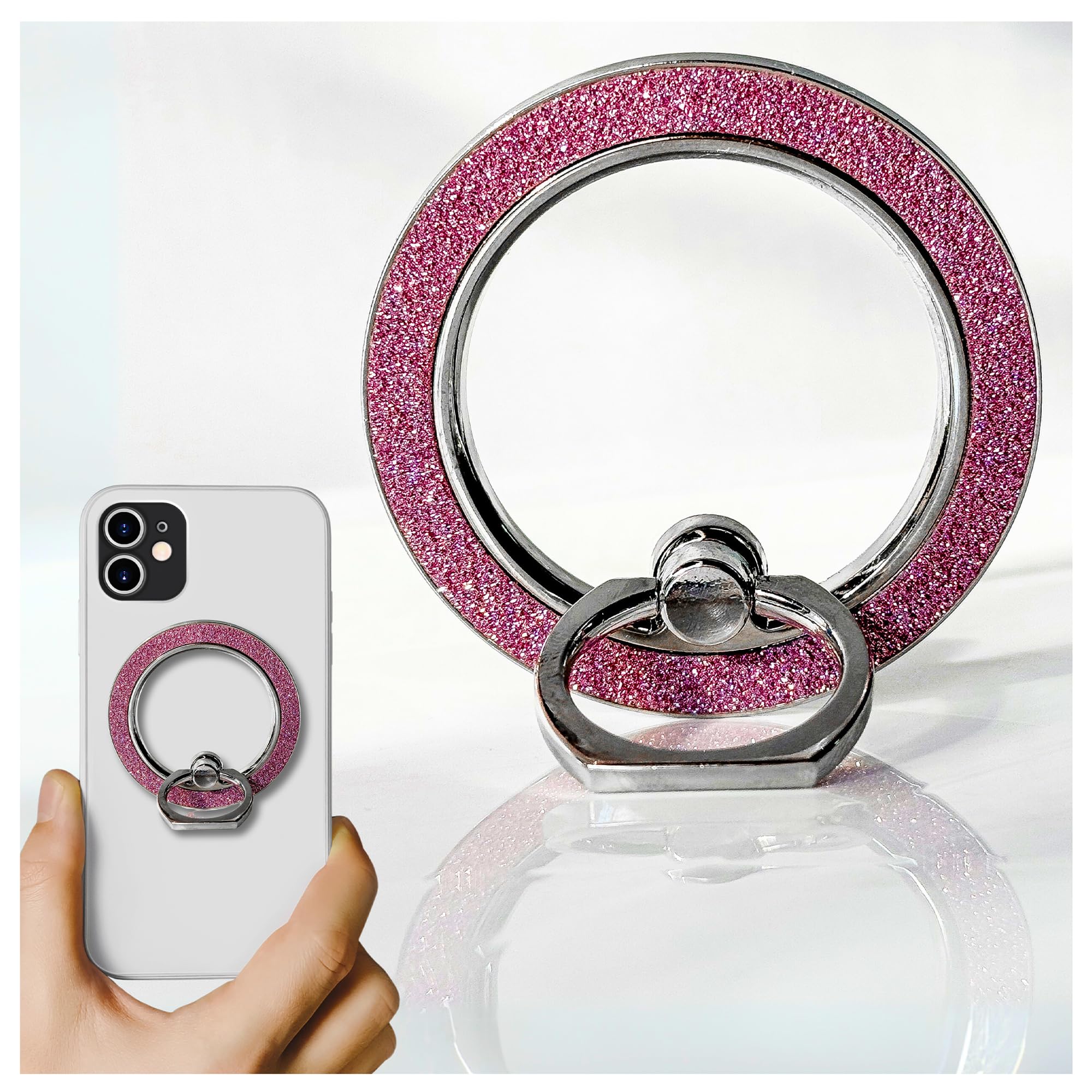Regor Magnetic Glitter Phone Holder| Mag - Safe Ring | Foldable Mobile Phone Stand | Glitter Ring Holder | Mobile Back Holder Grip| Metal Grip for Selfie & Works as iPhone & Android Phone Stand – Pink-image-14