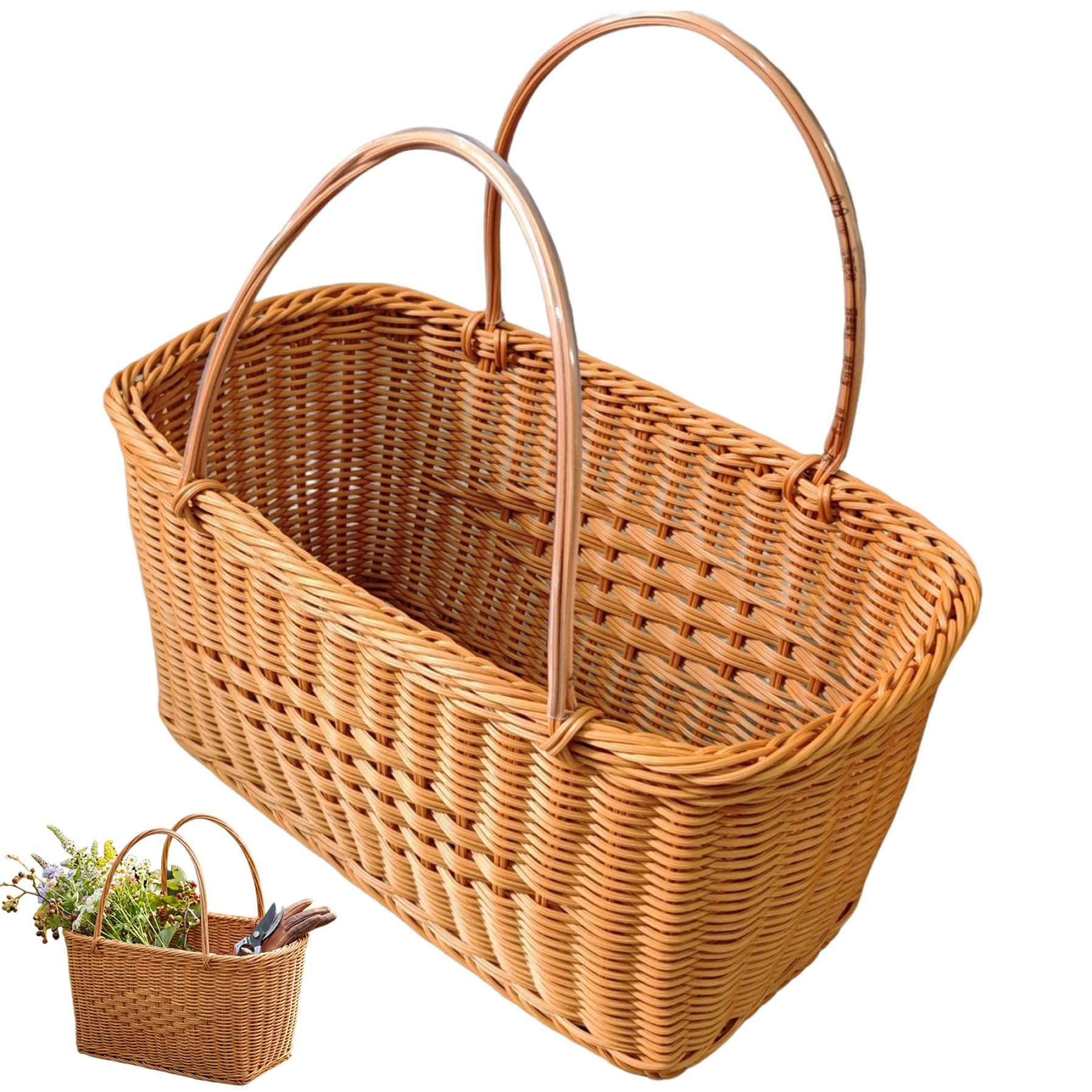 Cestino da picnic in vimini, cestino in vimini con manico per mercato e picnic, borsa per la spesa decorativa intrecciata plastica riutilizzabile con doppi manici (marrone)