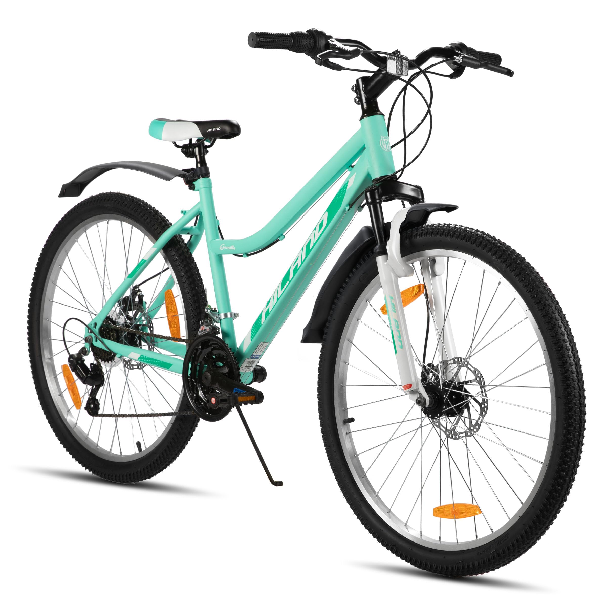 HILAND Gamille 26 Zoll Damen Mountainbike, 18 Gänge Federgabel MTB mit Step-Through-Rahmen, 26 Zoll Fahrrad für Frauen Männer Erwachsene, Grün/Rosa