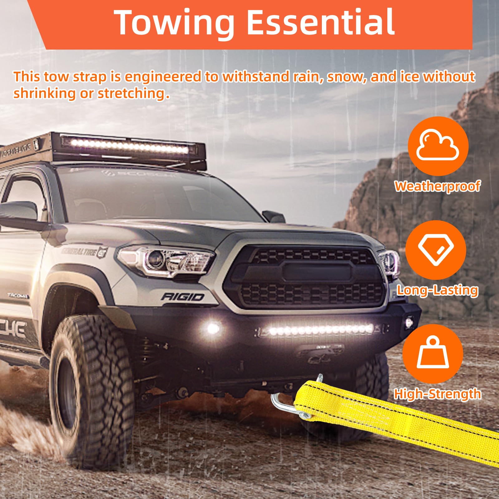 Sleepkabel, 4 meter, 5 ton (11000 lbs) met reflecterende strepen en 2 sleephaken, U-ring en handschoenen, sleepkabel voor auto's voor off-road recovery en slepen, Heavy Duty