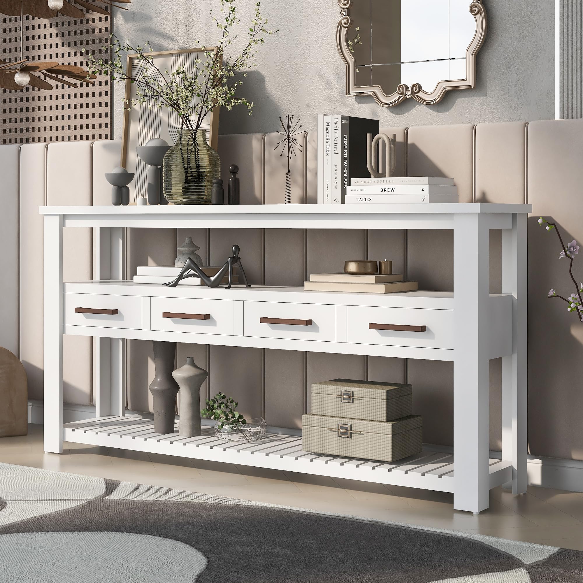 LUMISOL 3-Tier Console Table with 4 Drawers and 2 Shelves for Entryway, Long Narrow Foyer Table Sofa Table for Living Room, Accent Hallway Table,