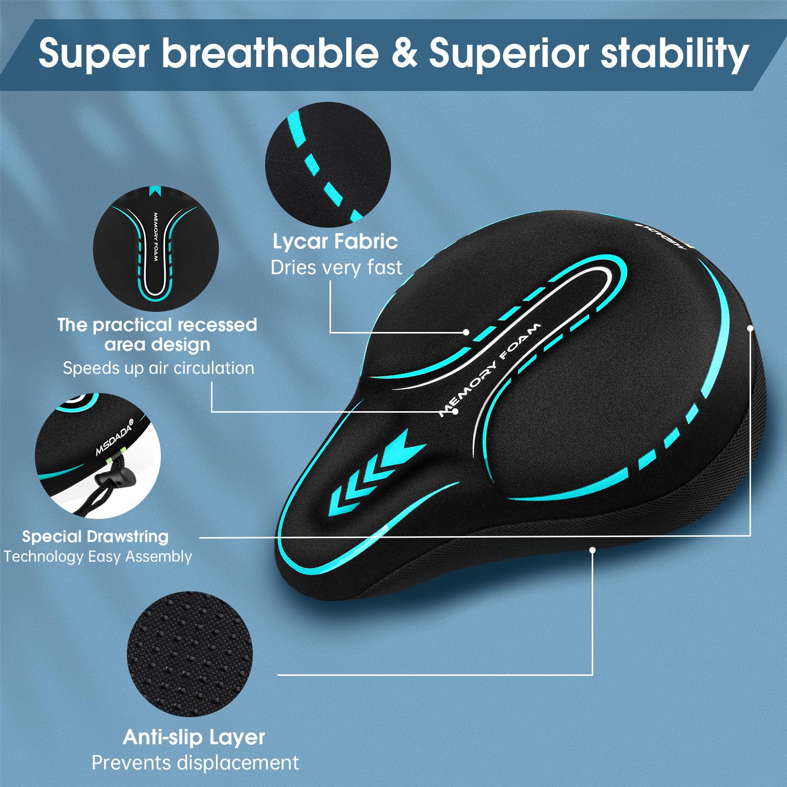 MSDADA Funda grande de gel acolchada para asiento de bicicleta, cojín suave para hombres y mujeres, cómodos accesorios de bicicleta para ciclismo en interiores y exteriores (cian)