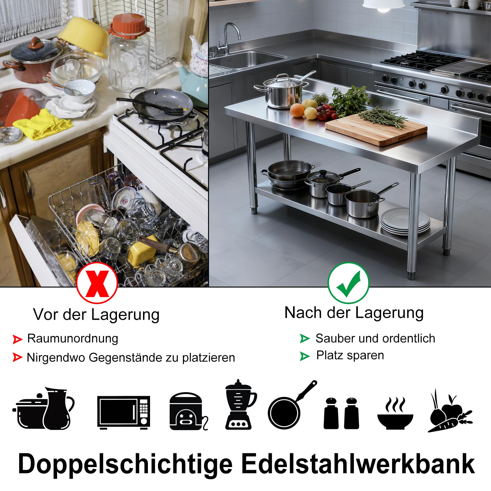 UISEBRT Mesa de trabajo de acero inoxidable con cantos, mesa de cocina con patas ajustables, mesa de cocina para despiece con área de almacenamiento inferior extra grande, 150 x 50 x 85 cm, con cantos