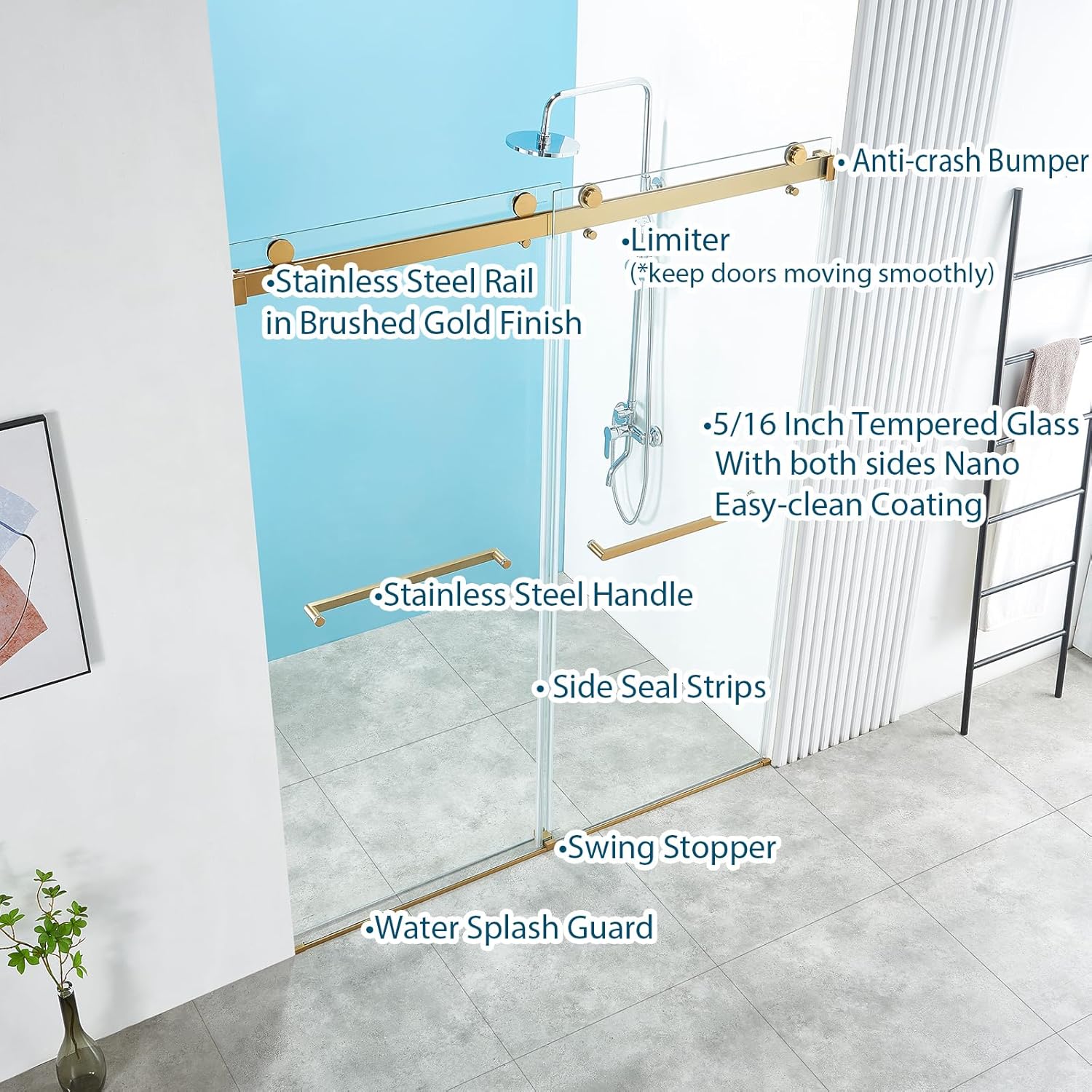 56-60" W x 76" H Frameless Double Sliding Shower Door, Frameless Shower Door, Shower Glass Door with 5/16" (8mm) Clear SGCC Tempered Glass, Stainless Steel Hardware (60"x76" Brushed Gold)