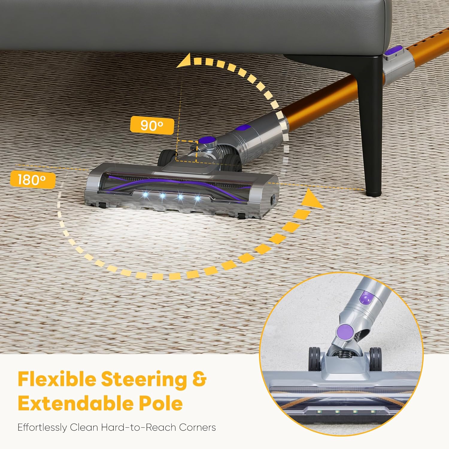 olixis cordless vacuum cleaner with flexible steering & extendable pole,3 brush heads, lightweight wireless rechargeable upright vacuum with led light & wall mount for hardwood floors & carpet purple yellow 11"*10"