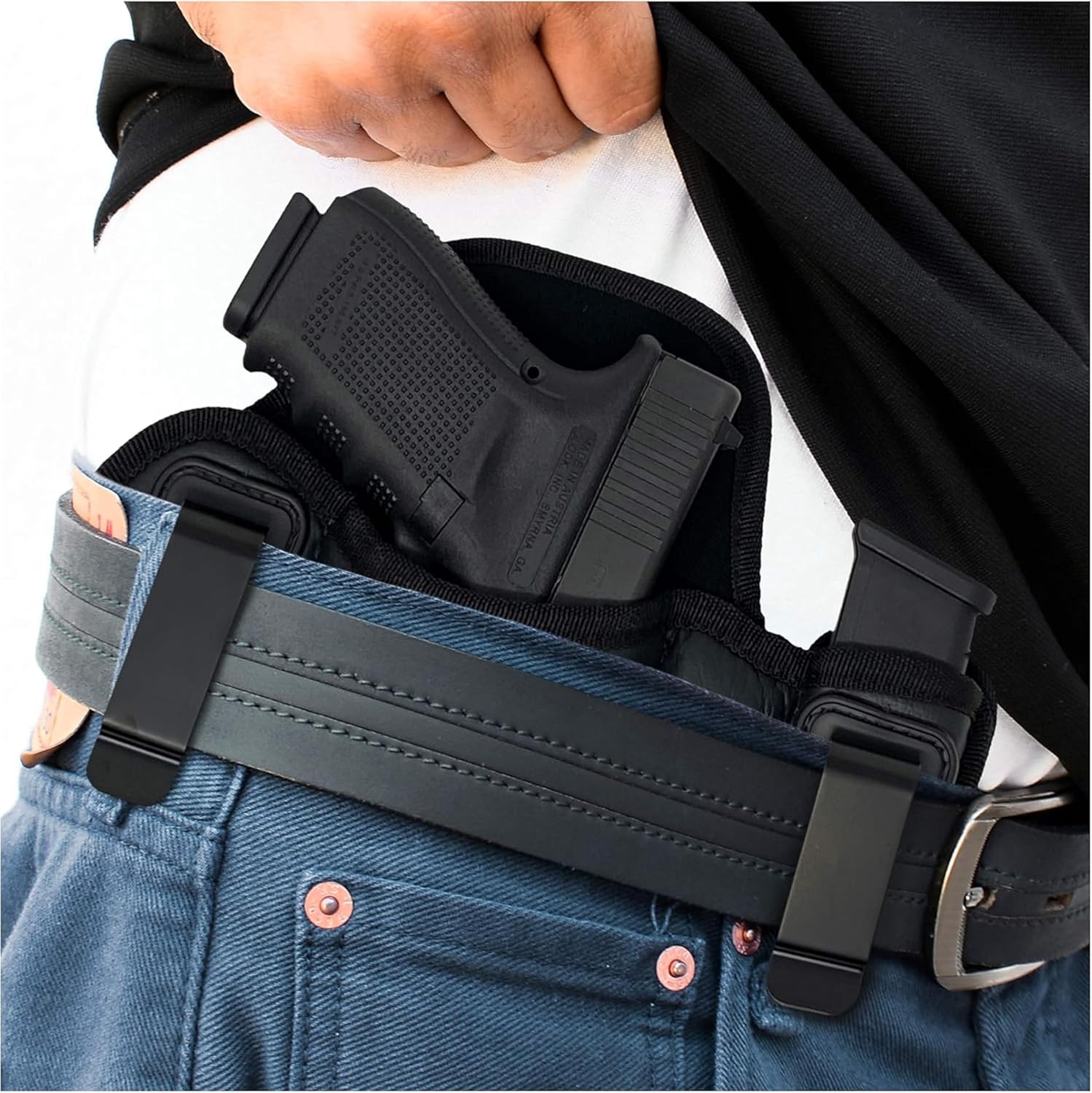 Tactical Pancake Gun Holster Houston - ECO Leather Concealed Carry Soft Material - Suede Interior for Protection - IWB - with Magazine Pouch - Fit: Glock 19 17 20 21 22 23 | Beretta 92 FS, PX4, XDM
