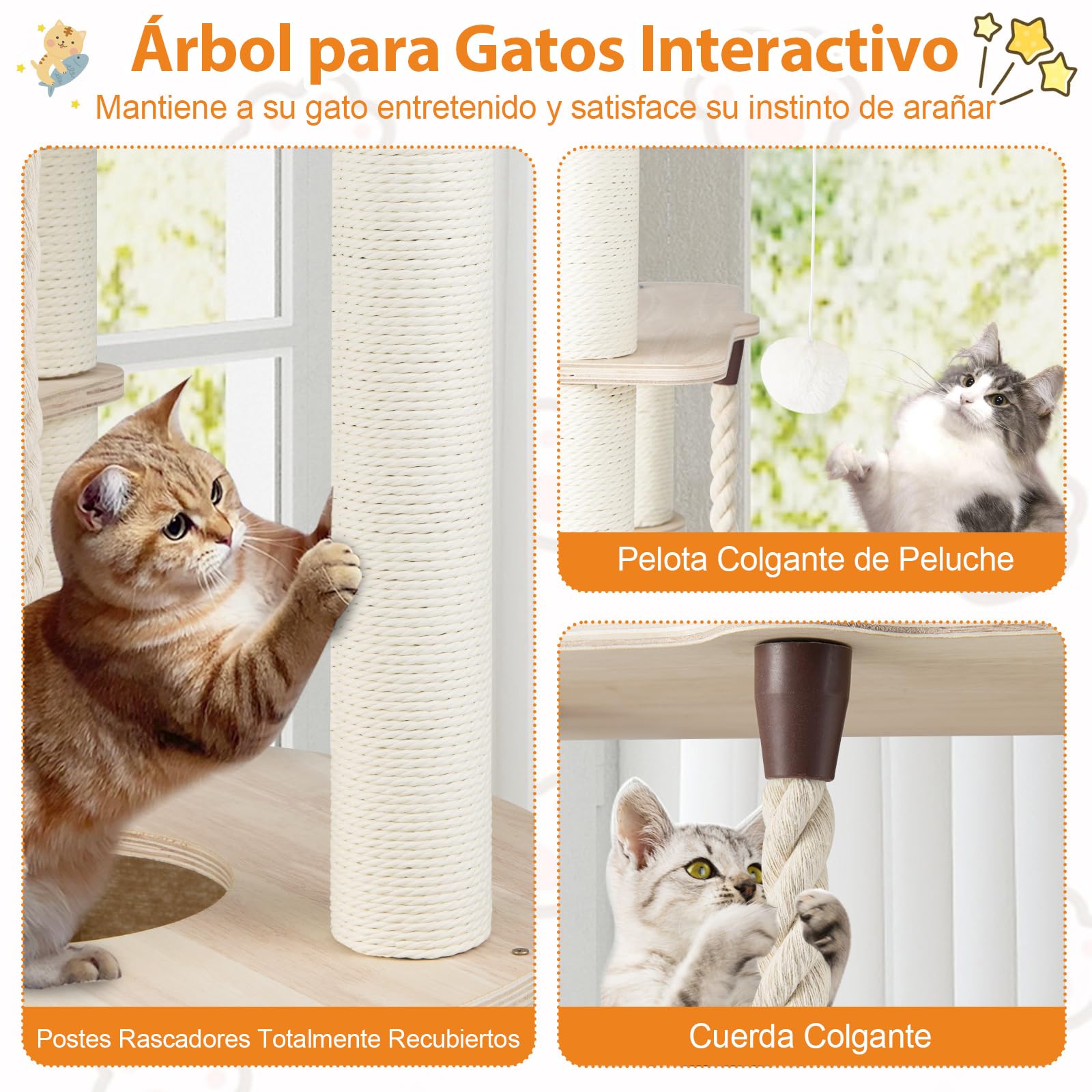 COSTWAY 141 cm Árbol Rascador para Gatos de Madera, Torre para Gatitos Multinivel con Condo, Cama Curvada, Hamaca, Postes Rascadores, Bola Colgante y Cuerda, Cojines Lavables, Castillo Gatos Interior