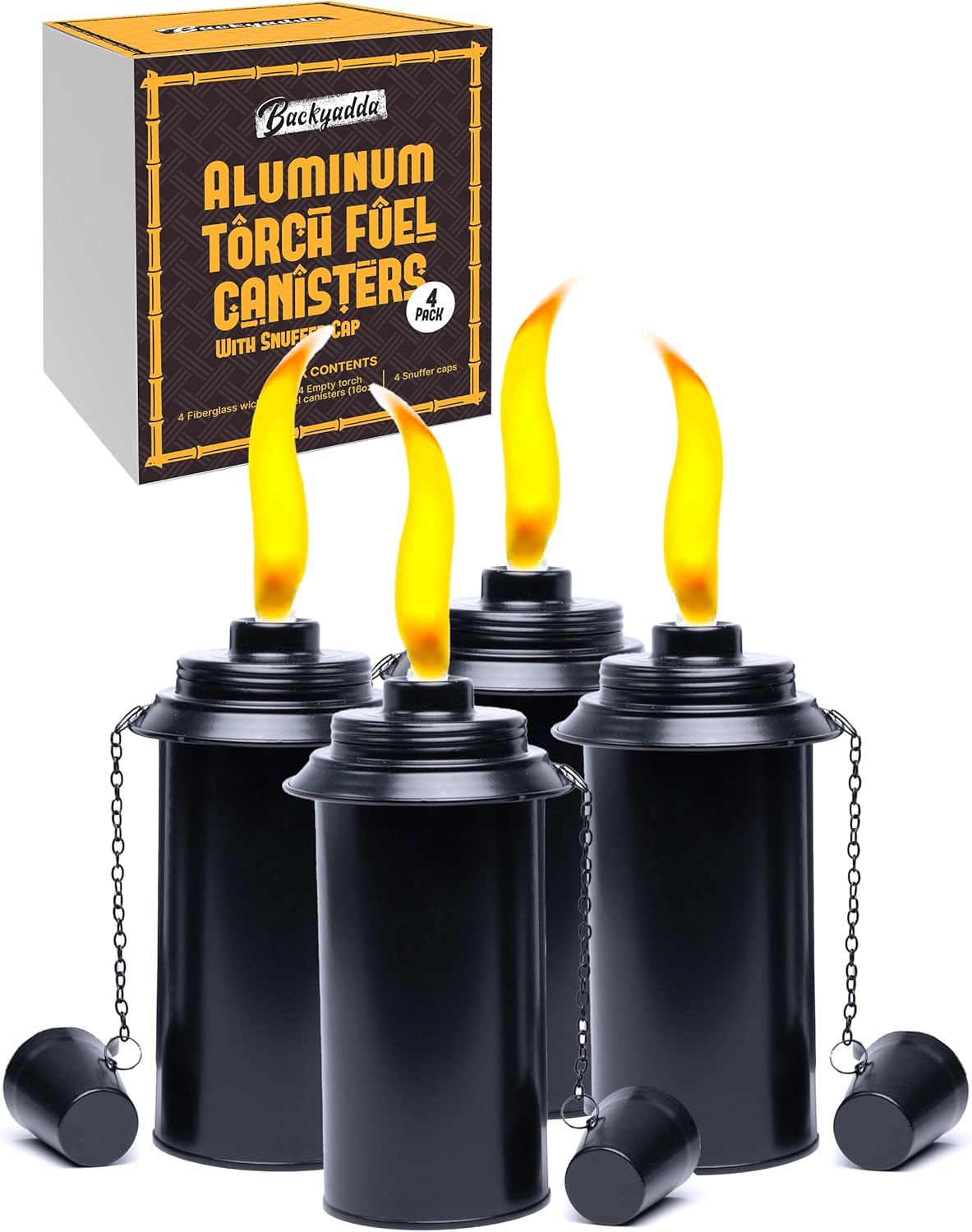 Aluminum (Never Rust) Tiki Torch Canister Replacement, 16 oz, Easy Fill Opening. Black Matte. 4-Pack Premium Rust-Proof Aluminum (with Caps)