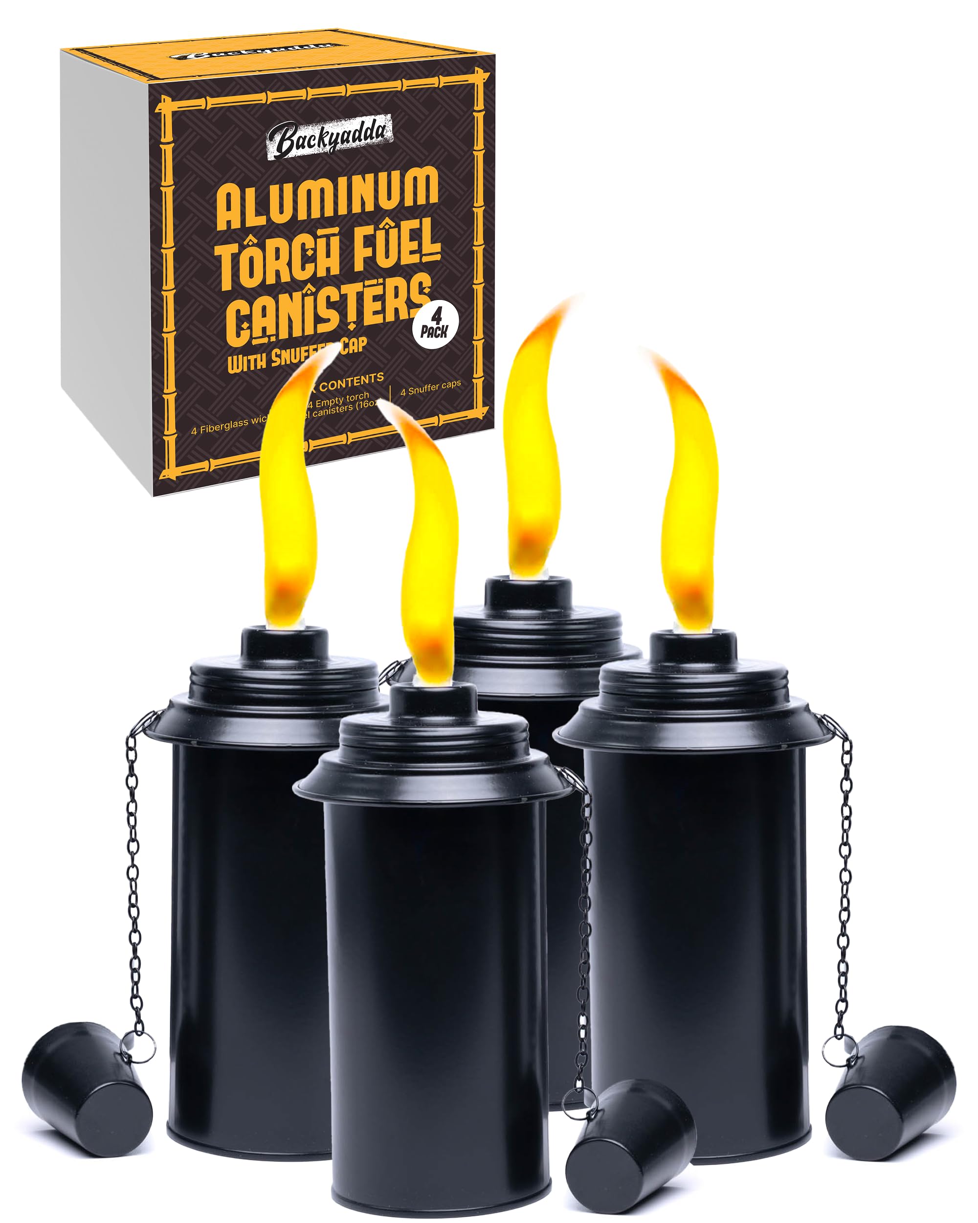 Backyadda Aluminum (Never Rust) Tiki Torch Canister Replacement, 16 oz, Easy Fill Opening. Black Matte. 4-Pack Premium Rust-Proof Aluminum (with Caps)