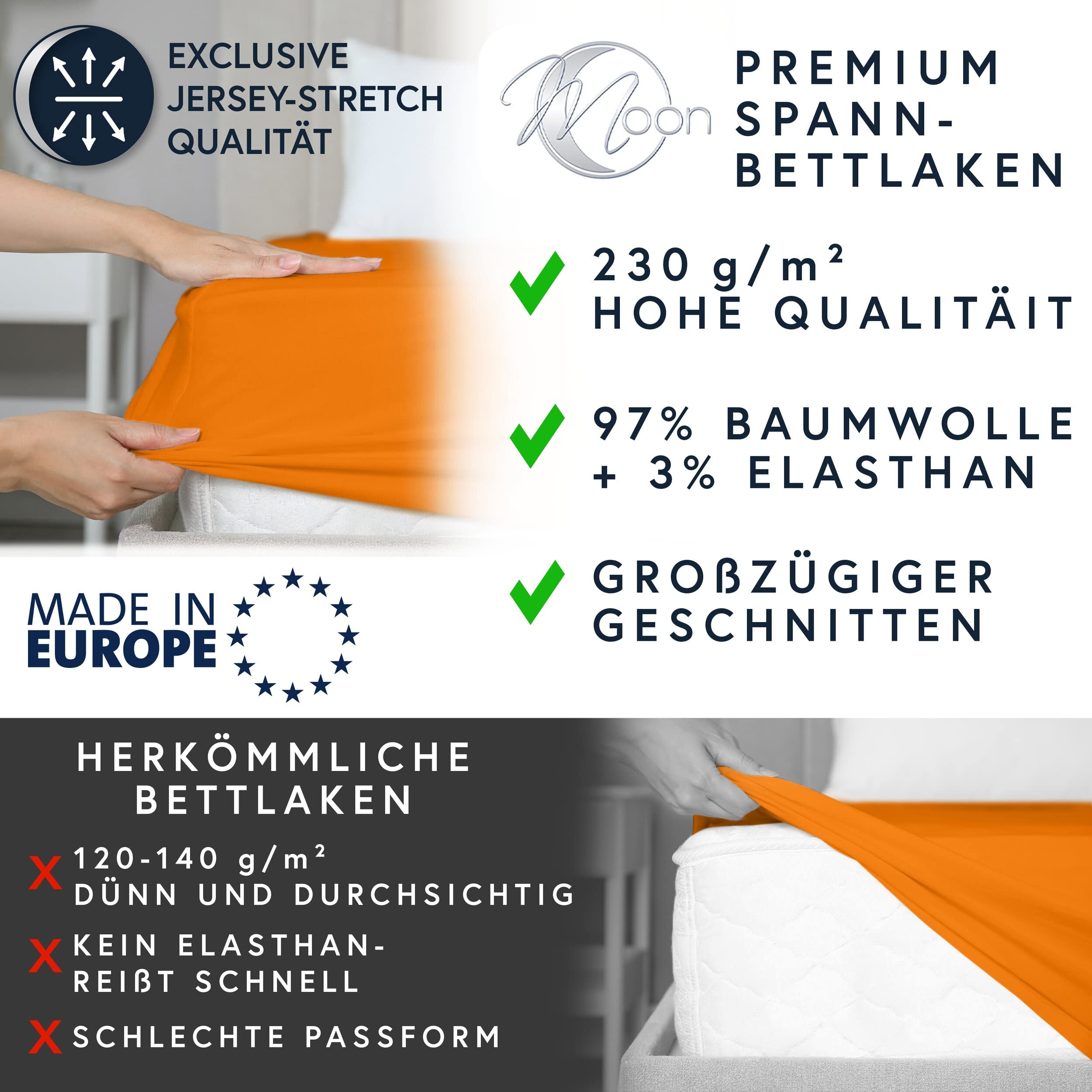 Moon - Luksusowe prześcieradło z gumką Jersey Stretch 230 g/m² do łóżek wodnych, łóżek kontynentalnych i tradycyjnych materacy (kolor pomarańczowy, 200 x 220 – 220 x 240)