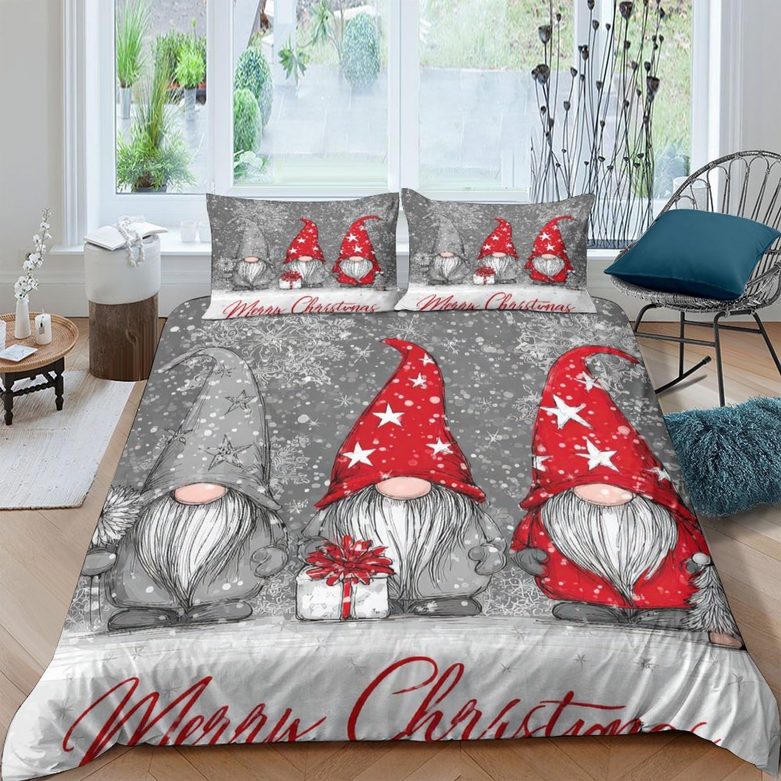 Ctjqhvkz Style-1 3D Printed Christmas Gnome Fitted Sheet Microfiber Red Grey Bed Cover For Bedroom Guest Room Dorm Easy Care Decor Single（135X200cm）