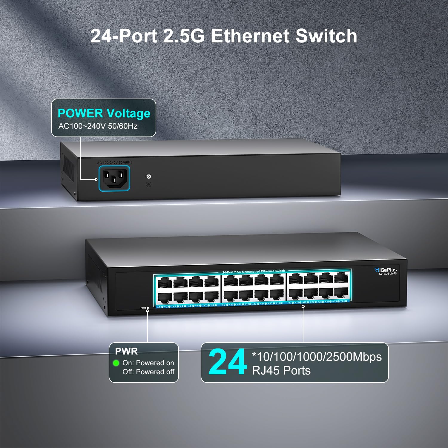 Switch Ethernet no administrado de 24 Puertos y 2.5 Gbps con 24 Puertos 2.5 GBase-T, Switch de Red GiGaPlus de 2.5 Gbps para NAS/PC de 2.5 Gbps, Router WiFi6 y Punto de Acceso inalámbrico