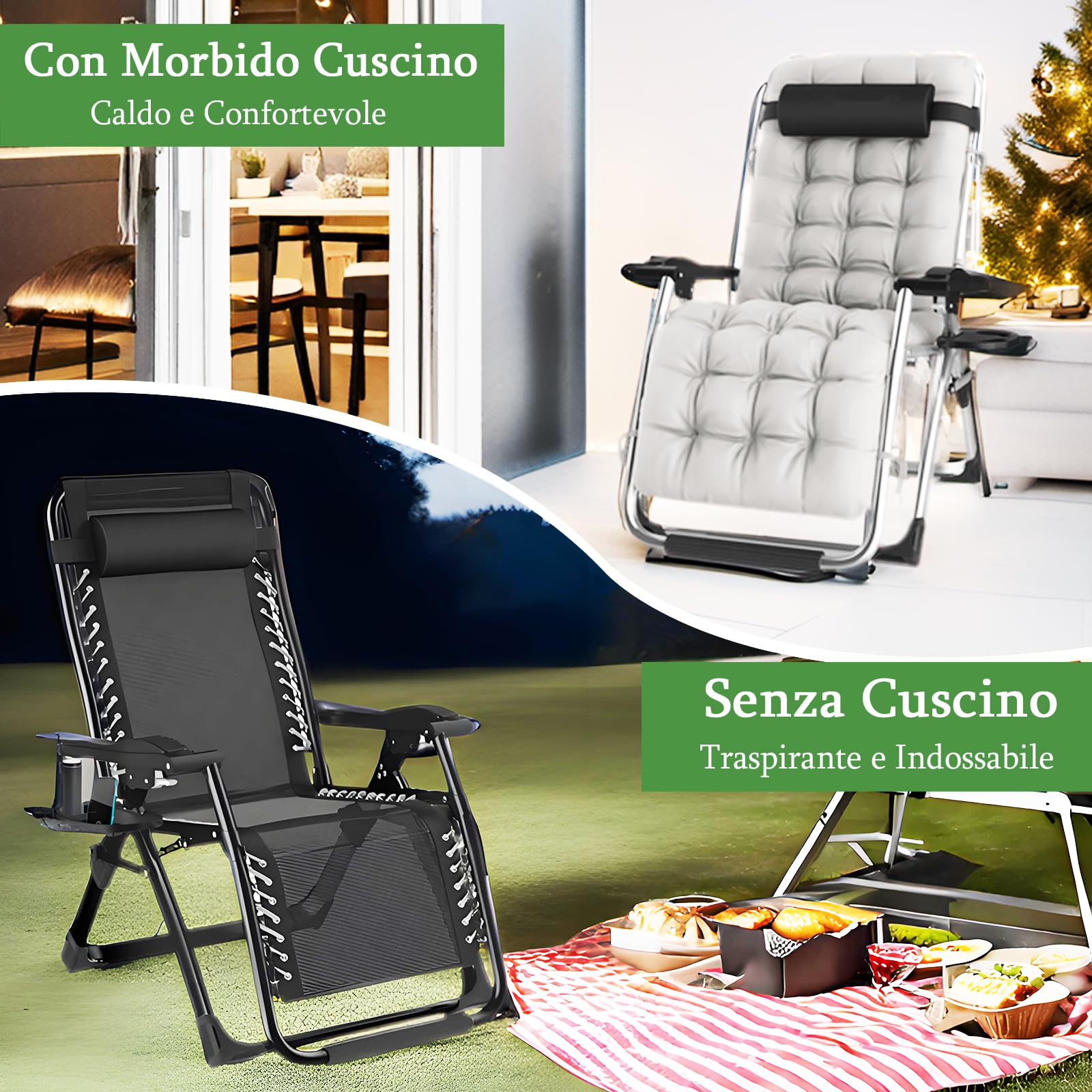 Sedia a Sdraio Pieghevole Largo 72 cm Sdraio da Giardino Esterno con Stuoia e Copertura Sedie, Nero Sdraio da Campeggio con Schienale Regolabile per Spiaggia,Giardino,Piscina, Viaggi