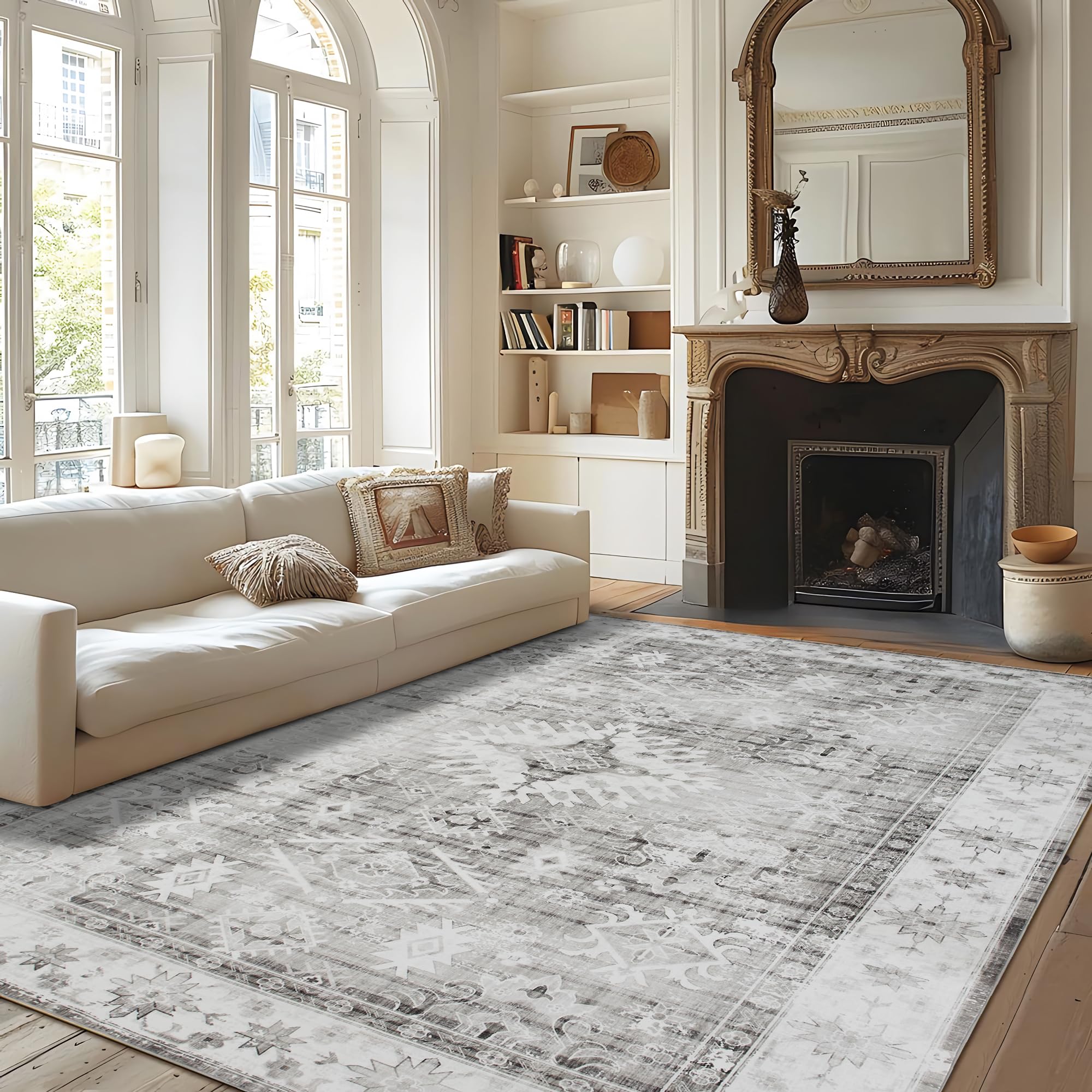 Auemtyn 5x7 Washable Area Rug for Living Room, Grey Rug with Non Slip Backing, Low Pile Carpet for Bedroom, Dinning Room (Grey, 5'x7')