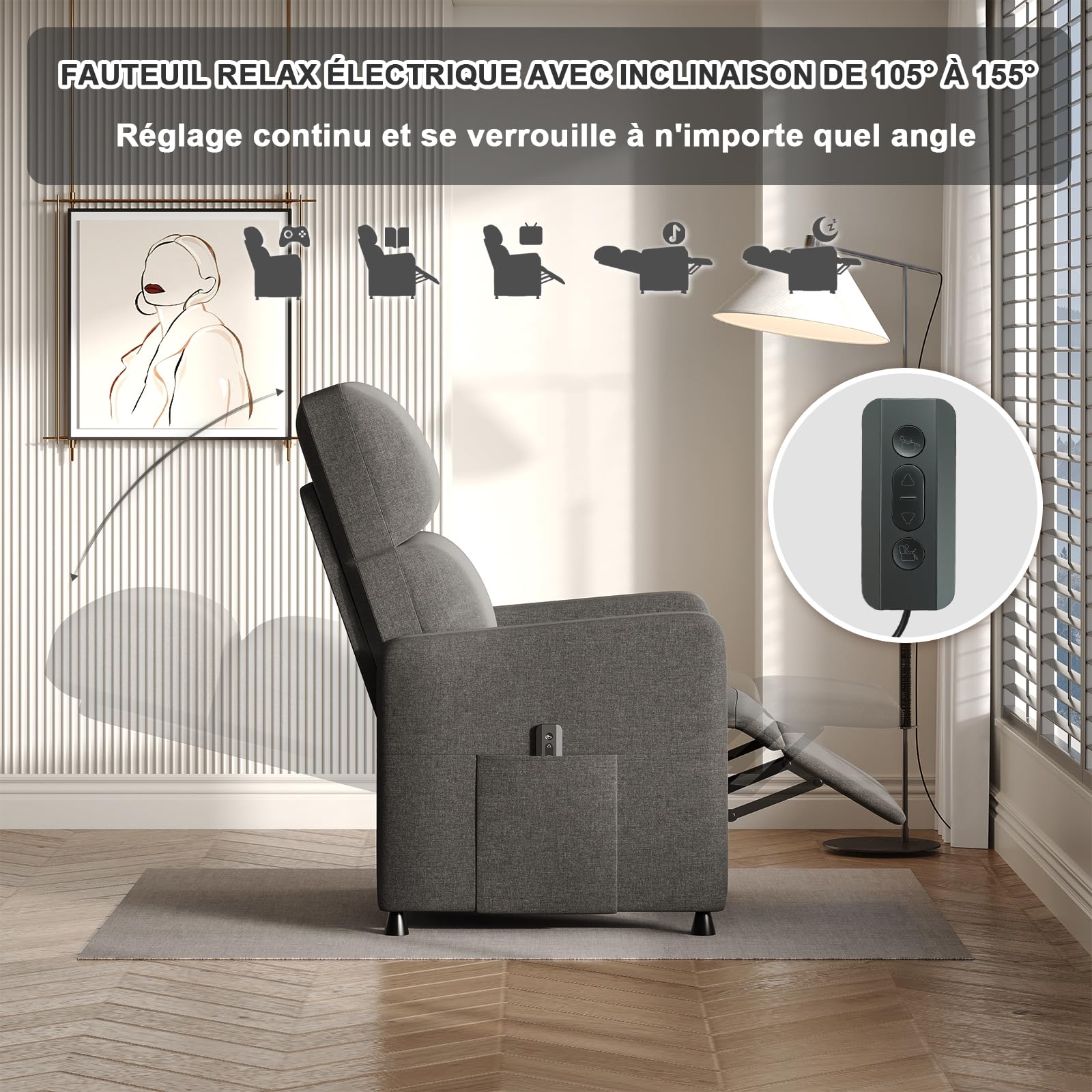 Devoko Fauteuil de Relaxation, Fauteuil Relax Électrique avec Dossier Réglable et Repose-Pieds Extensible, Fauteuil Inclinable pour Chambre, Salon et Home cinéma, télécommande