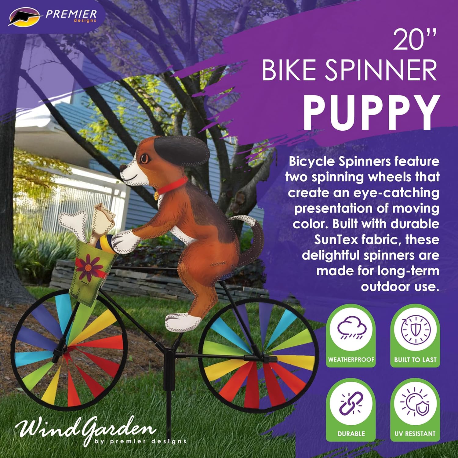 Bike Spinner Puppy 20" – Adorable Canine Design, Weather-Resistant Outdoor Decor, Durable & Lightweight for Patios, Yards, and Gardens - Eye-Catching Wind Spinner with Rotating Wheels