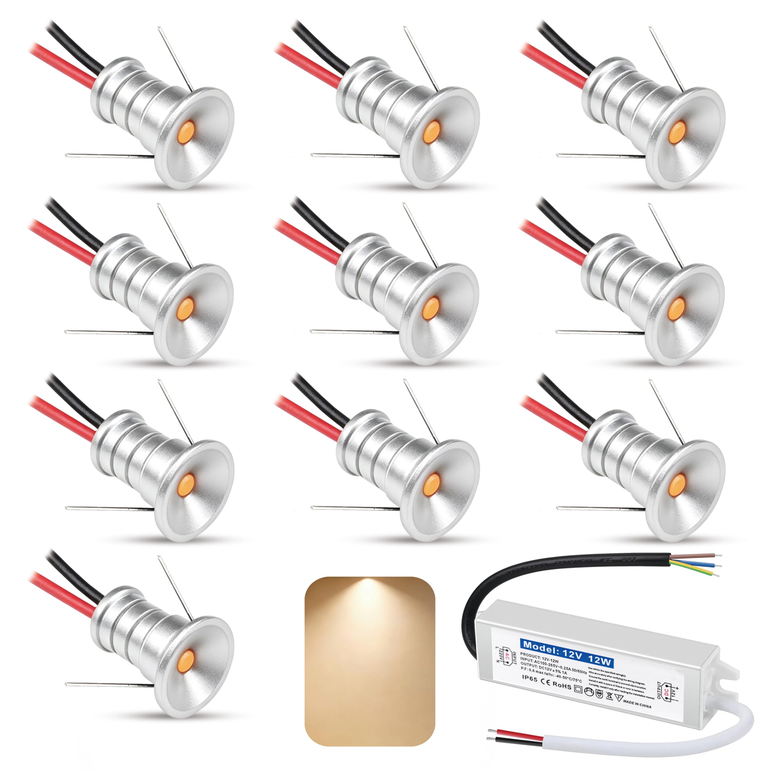 10 PCS Mini Spot Lights 0.5W 12V LED Ceiling Spotlights Ultra Small 10mm Cutout Recessed Spot Light IP65 Warm White Led Downlight for Showcase,Kitchen,with transformer (Silver, Warm White 3000K)