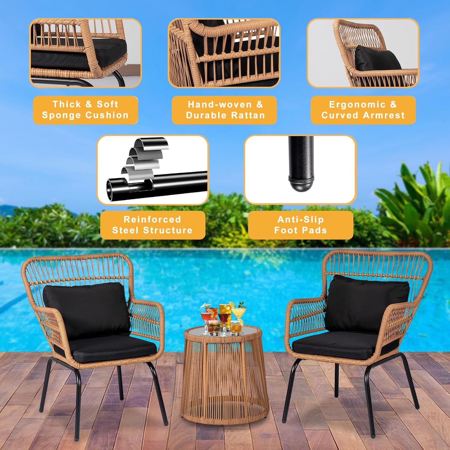 PROHIKER 3 Pieces Outdoor Wicker Bistro Patio Furniture Set, Porch Furniture Rattan Conversation Sets with Side Table and Cushions for Garden Poolside Backyard, Yellow/Black