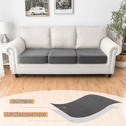 Miniatura 3 de NAISI Fundas de cojín impermeables para sofá, tela de terciopelo grueso, lavables, 3 piezas, fundas individuales para sofá modular con parte